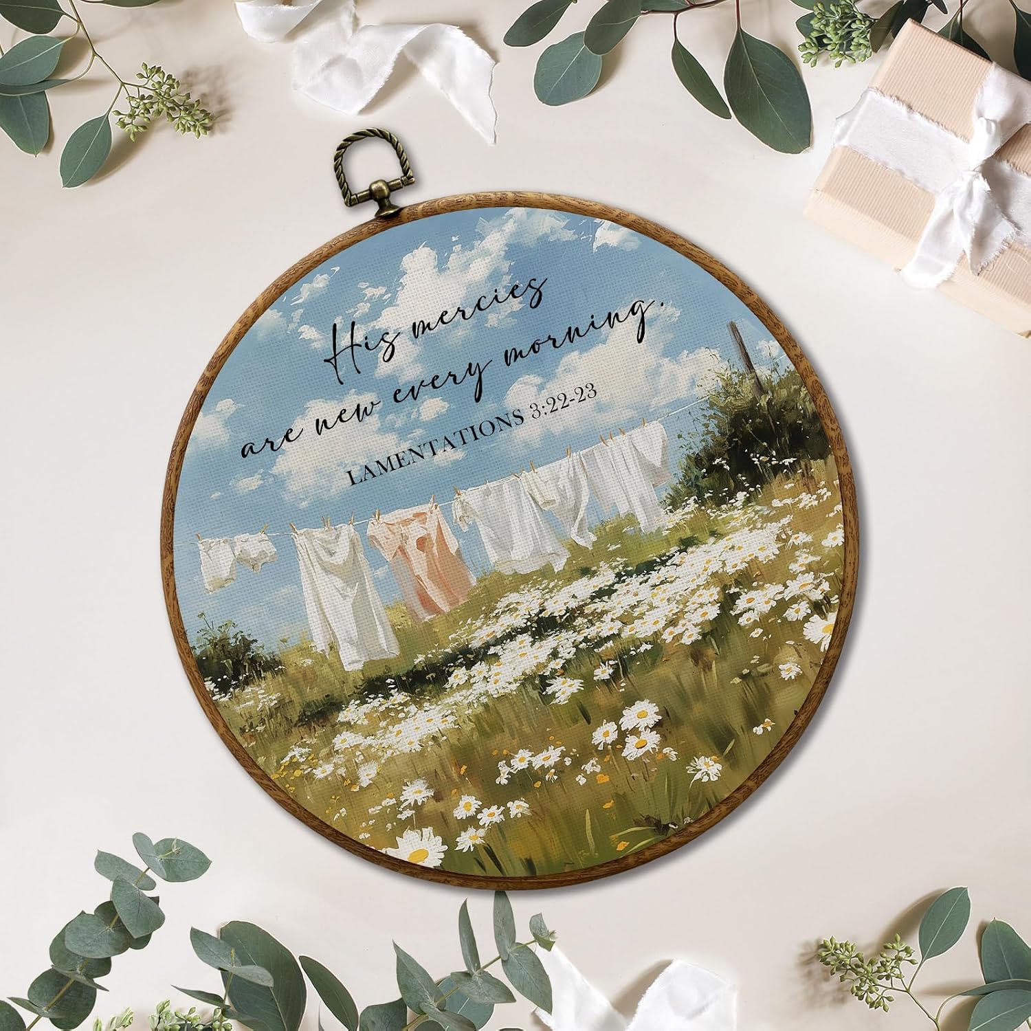 JUIOEIU Christian Laundry Day Round Wall Decor, Bible Verse Framed Canvas Prints, Country Cottagecore Floral Religious Scripture Wall Art Hanging Decorations for Bathroom Laundry Room Decor, 10x10in
