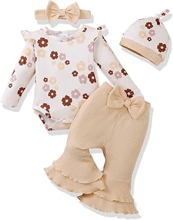 Renotemy Newborn Baby Girl Clothes Fall Winter Outfits Preemie-12Months | Preemie Baby Clothes Girl,Newborn Coming Home Outfit Essentials Gifts,Snap Button Design Infant Romper,Bell Bottoms Pant Sets