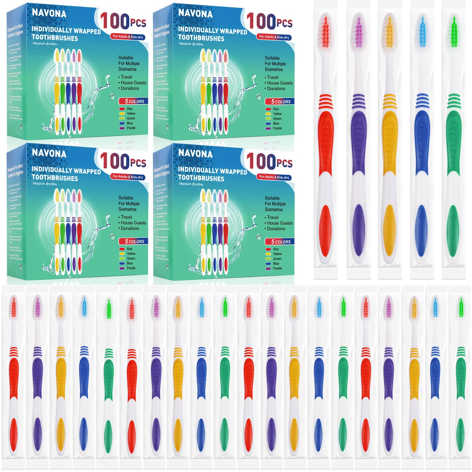 Navona 400 PCS Premium Individually Wrapped Bulk Toothbrush Pack, Disposable Toothbrushes, Kids Toothbrush, Medium Soft Bristle Toothbrushes, Ergonomics Handle, Perfect for Travel Hotel Donation
