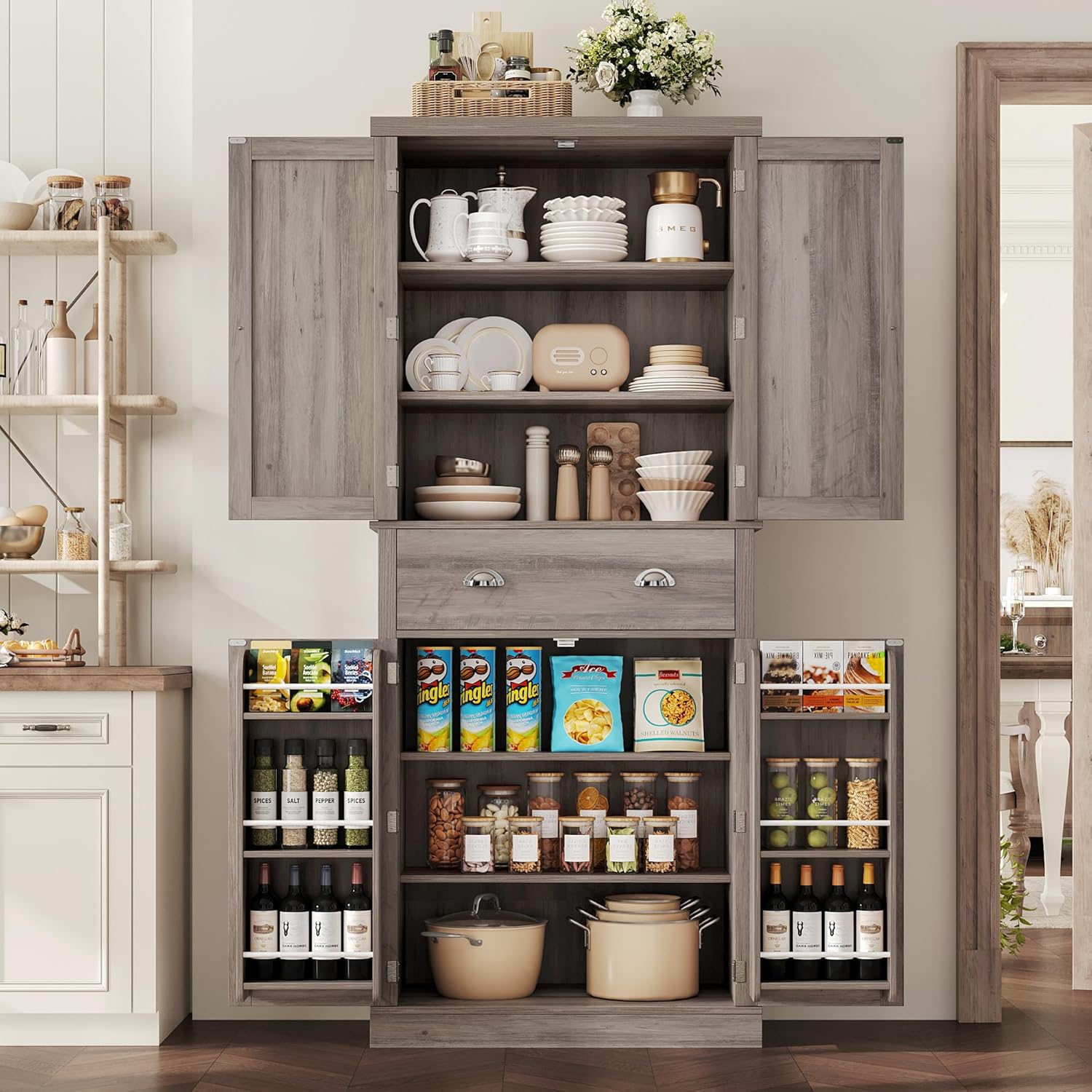 Kitchen Pantry Cabinet, 71” Tall Storage Cabinet with 4 Doors and 1 Drawer, Freestanding Cupboard with 6 Hanging Shelves, Utility Kitchen Cabinets for Dining Room, Wash Gray Kitchen Pantry Cabinet, 71” Tall Storage Cabinet with 4 Doors and 1 Drawer, Freestanding Cupboard with 6 Hanging Shelves, Utility Kitchen Cabinets for Dining Room, Wash Gray