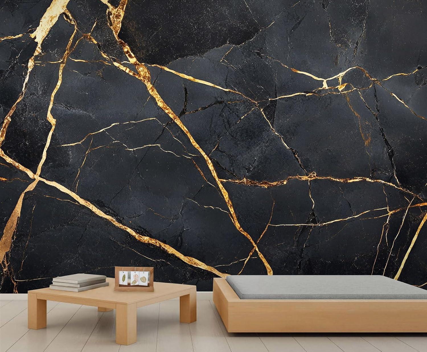 Marble Wallpaper, Black and Gold Marble Wall Murals, Cracked Textured Mural Wallpaper for Bedroom Living Room, 3D Printed Background Wall Decor (Not Peel and Stick)