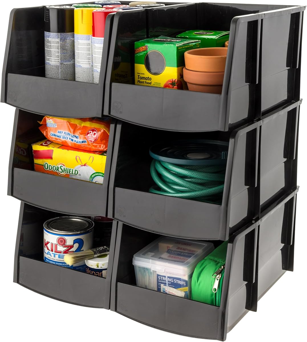 Paquete de 6 contenedores de almacenamiento apilables con frente abierto gigante, negro | Organice hardware, suministros para manualidades, piezas pequeñas y herramientas con acceso frontal abierto, diseño apilable y fácil recuperación.