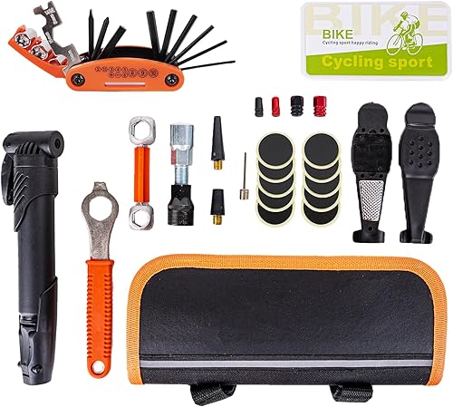 Kit de reparación de neumáticos de bicicleta con bomba, kit de parche de tubo de bicicleta con múltiples herramientas, palancas de neumáticos,