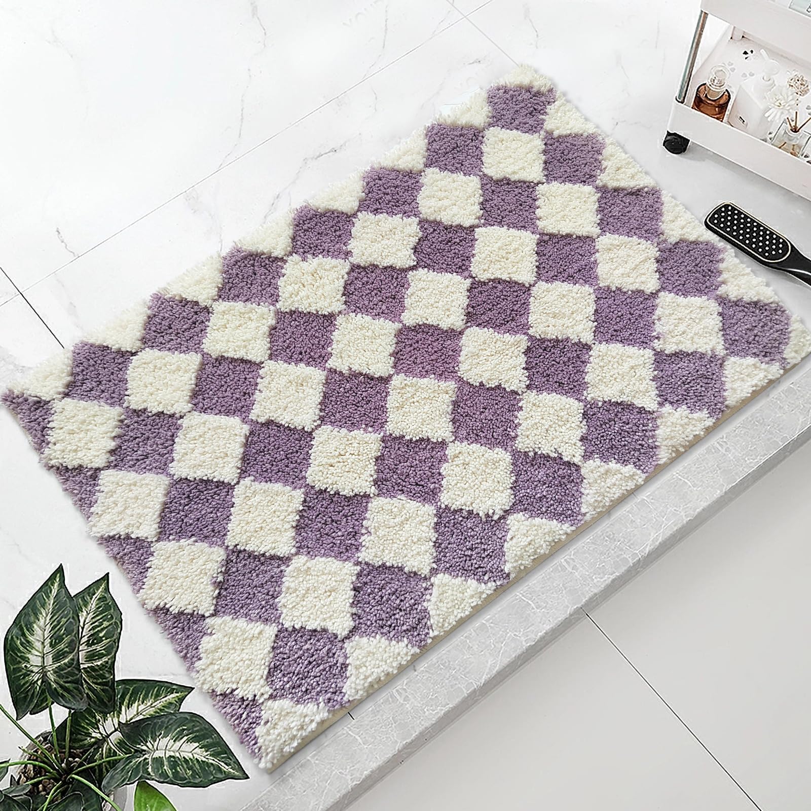 Wishtune Cute Bathroom Rugs Purple Checkered Bath Mat Microfiber Soft Absorbent Bath Rugs for Bathroom,Non Slip TPR Backing, Quick Drying, Machine