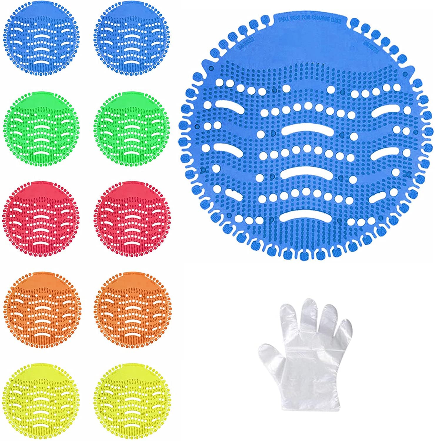 Urinal Sieve Pack of 10 Urine Mats with 20 Gloves, 5 Different Odours, Prevent Splashing, Suitable for All Commercial Places and Homes