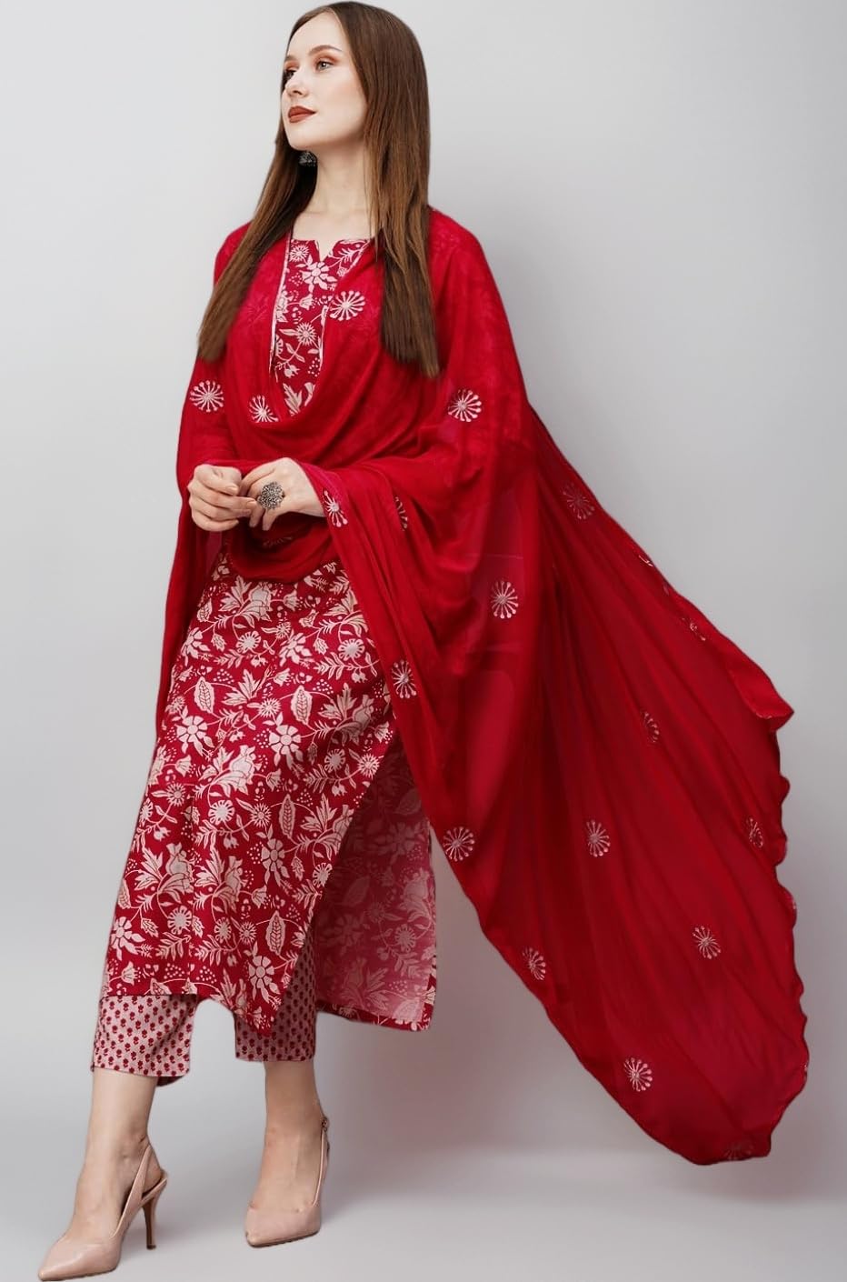 GoSriKi Women's Cotton Blend Printed Straight Kurta with Pant & Dupatta