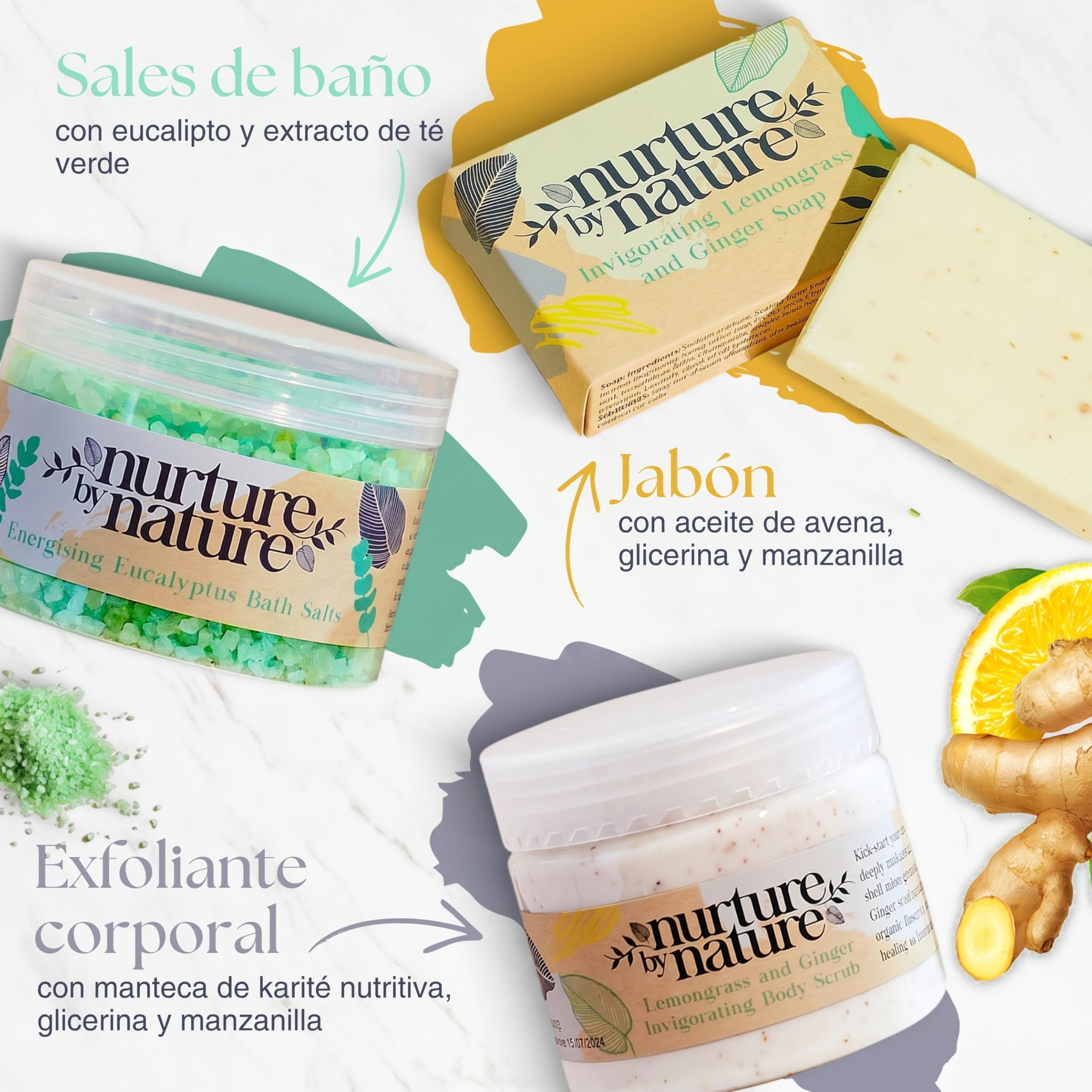 Nurture By Nature Set de Regalo para Mujer, Aceite Esencial, Sales de Baño, Jabón, Bombas de Baño, Vela