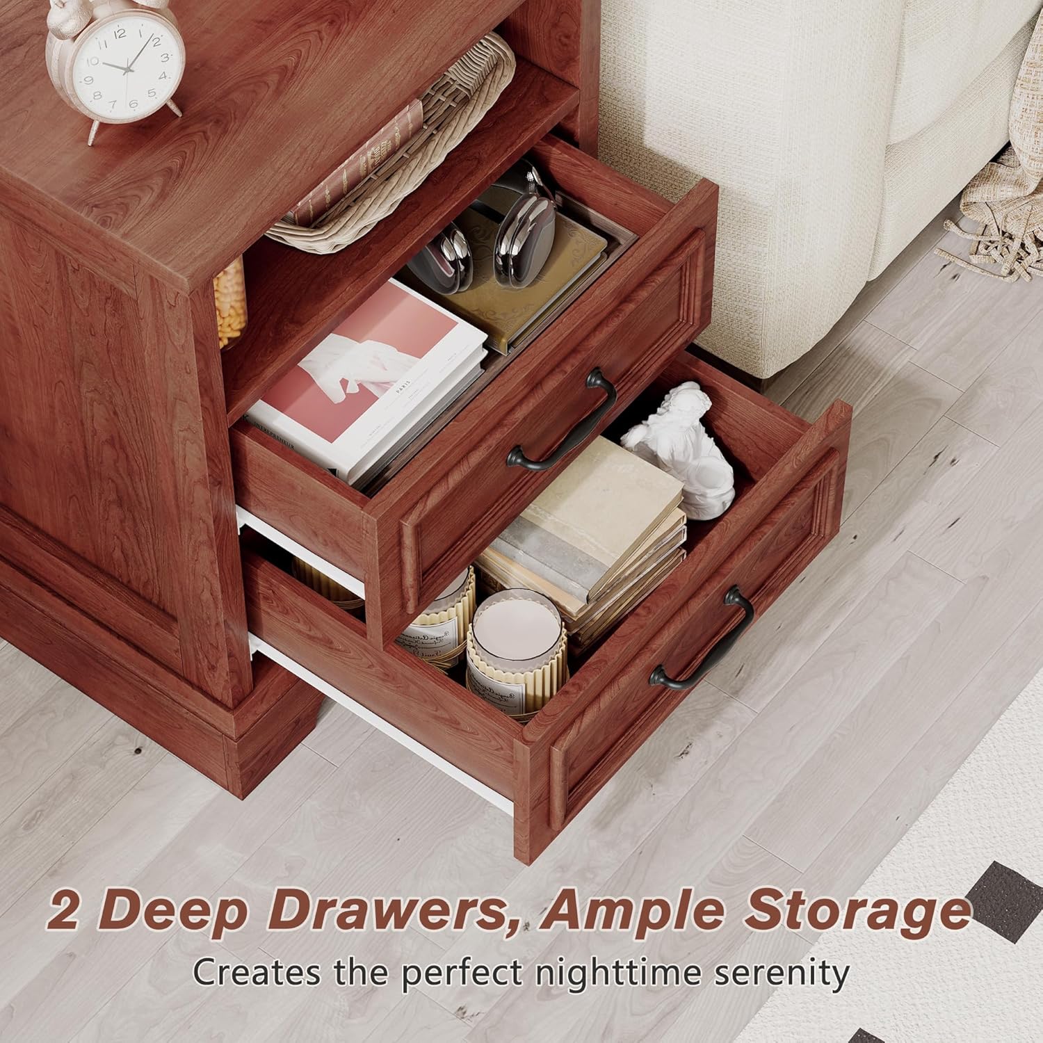 Alohappy Farmhouse Nightstand with 2 Drawers, Wood Night Stand with Charging Station Modern End Side Table for Bedroom (Cherry Brown, 1)