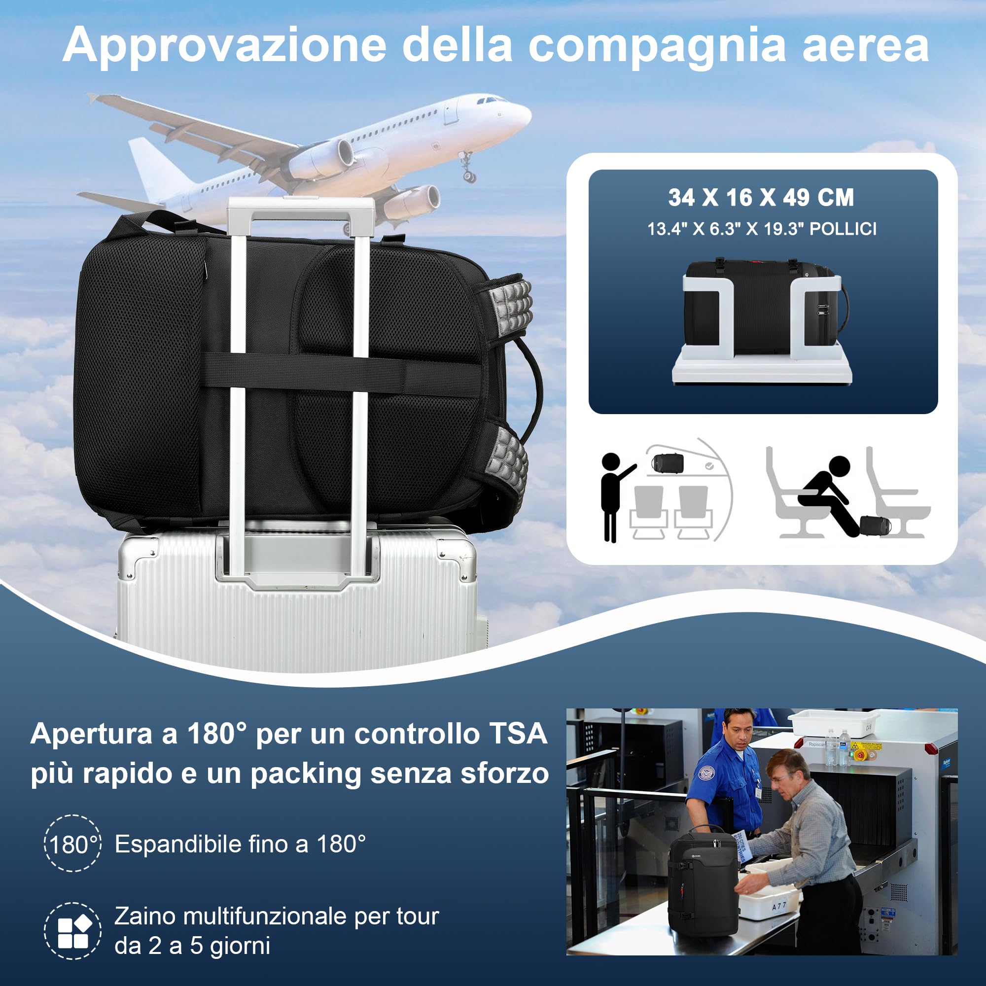 Zaino Sottovuoto Viaggio, Zaino da viaggio a mano per aereo, Zaino per laptop da 17 pollici, 60L Scalabile con Sistema di Compressione per Donne e Uomini