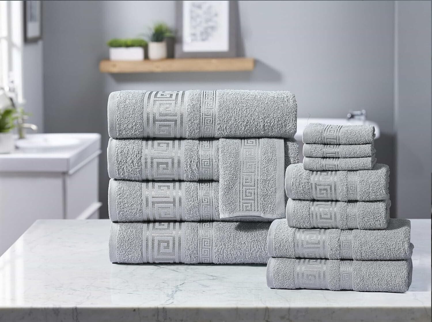 StylemyBedroom 100% Cotton Towels Super Soft Absorbent 500 GSM with Viscose Greek Border (Light Grey,Bath Towel)
