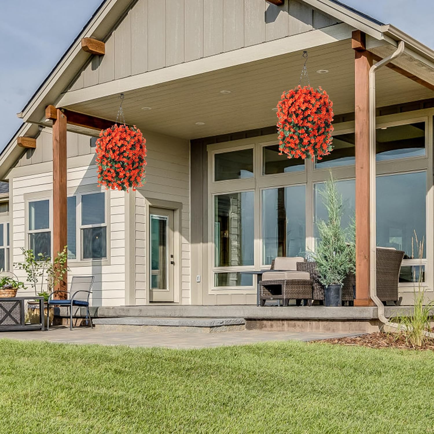 Artificial Fake Fall Hanging Flowers Plants Baskets for Outdoor Outside, Faux Silk Autumn Orange Daisy Mums Trailing Vines in Planter Realistic UV Resistant for Balcony Porch Decor - Image 6