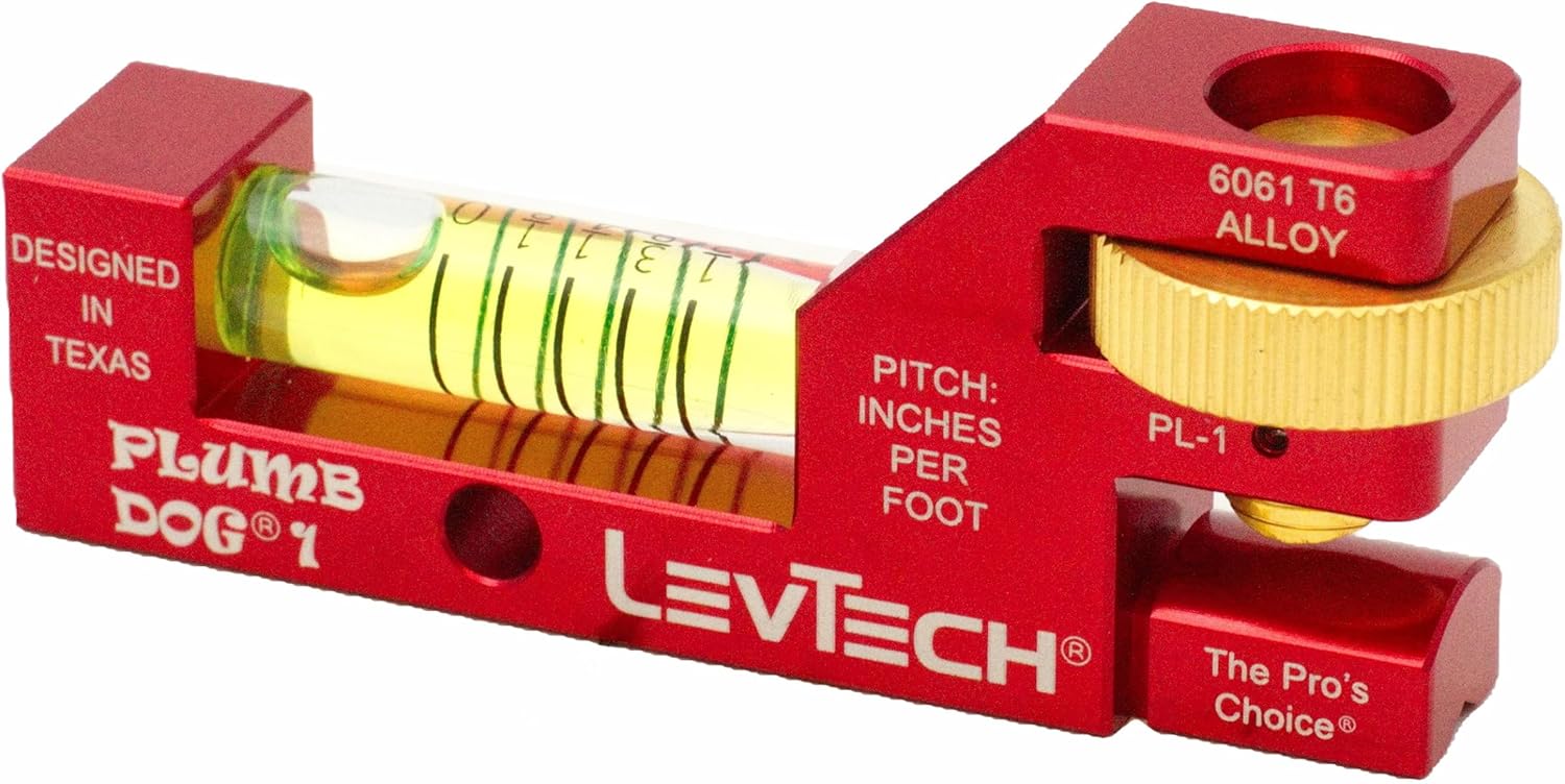LEVTECH Plumbers' Gradient 1-Vial Compact Level, with Elastic Pipe Strap and Thumbwheel PL1 Replaceable Vial Compatible Slotted Screwdriver