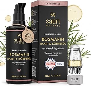 Satin Naturel Bio Rosmarinöl Haare 100 ml – Rosmarin Haaröl für Kopfhaut & Haarpflege – mit Sonnenblumenöl & Mandelöl – mit Applikator für die Kopfhautmassage – Rosemary Hair Oil