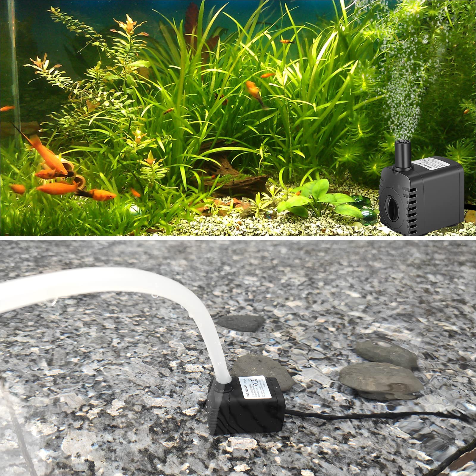 Pompe à eau submersible 8 W 600 l/h AC220-240 V avec 2 buses pour aquarium, étang, fontaines, jardin Noir Plastique Modern Pompe à eau