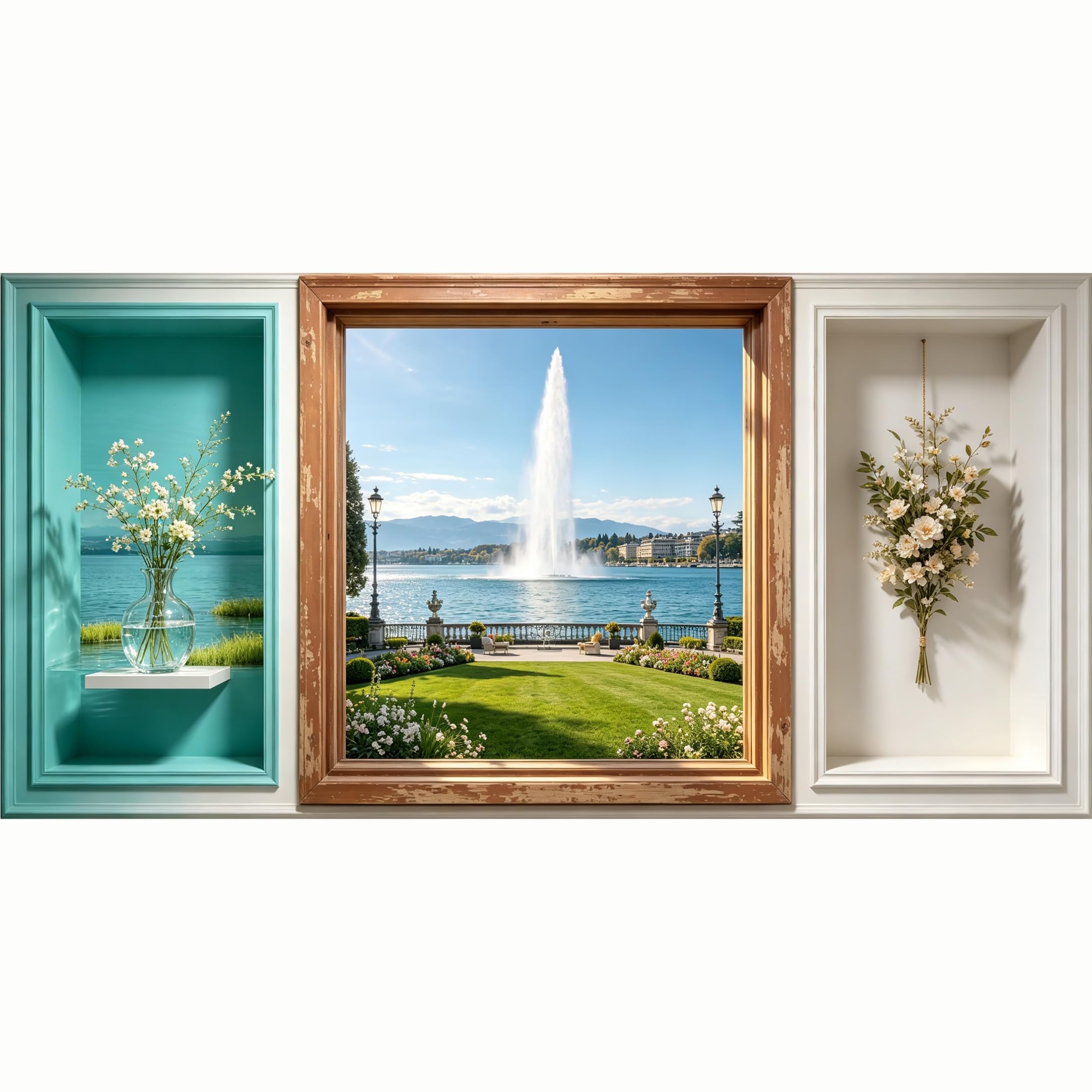 QZLITHOTIC 50x100cm 3D Framed Wall Art， Lake Fountain Landscape Botanical Floral 3D Window View Self‑Adhesive Mural， Water‑Activated Peel & Stick Fabric Decor Wall Decal for Bedroom Living Room
