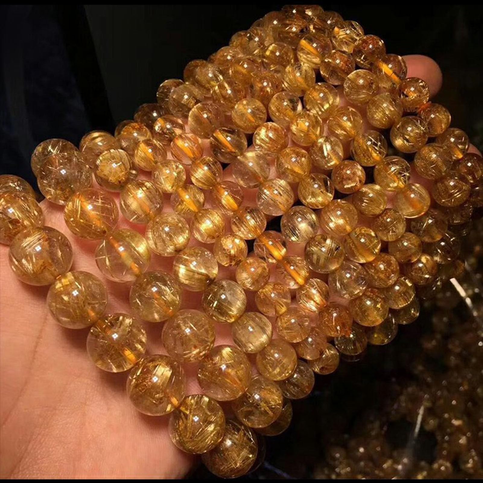 Bracciale con Pietra preziosa curativa citrino, Cristalli Bracciale con Perline Chakra Naturali Perline di Cristallo Regolabili Quarzo rutilato Dorato Perline di Pietra Lisce,6MM
