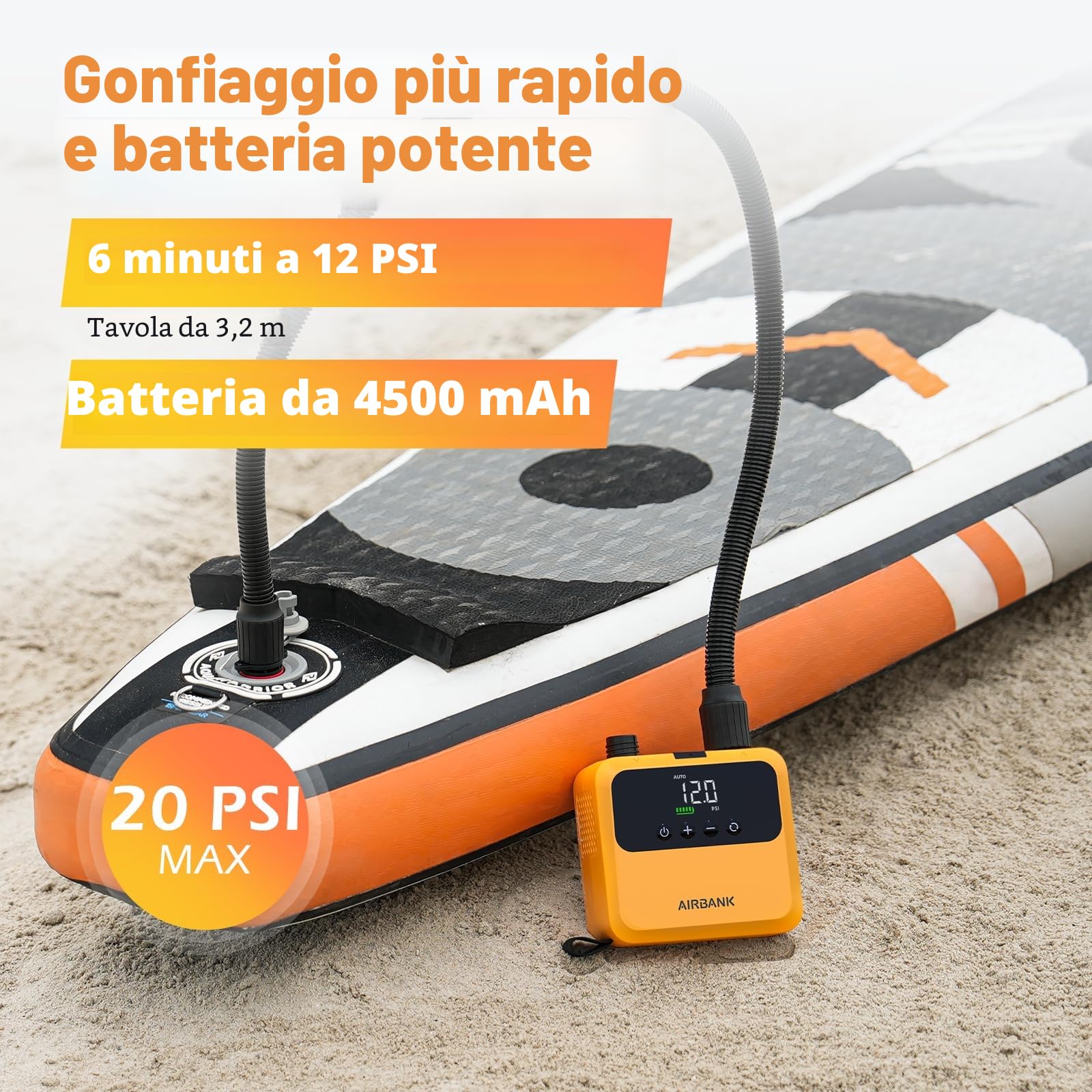 AIRBANK Mini Paddle Board Pump Pulse PRO, Super Piccola Pompa Ricaricabile SUP Portatile, Motore Brushless, Max 20PSI, Pompa dell'Aria per Kayak, Gonfiabili, Barche, Tende, Ali da Aquilone