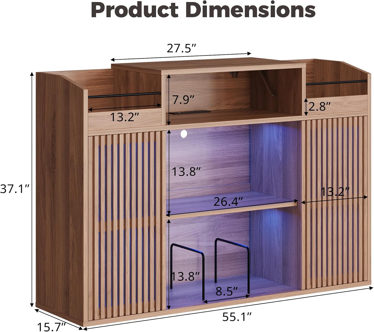 IRONCK Luxury Record Player Stand with Storage, Holds 1500+ Vinyl Records, Large Record Storage Cabinet with Sliding Doors & Charging Station & LED Light, Brown