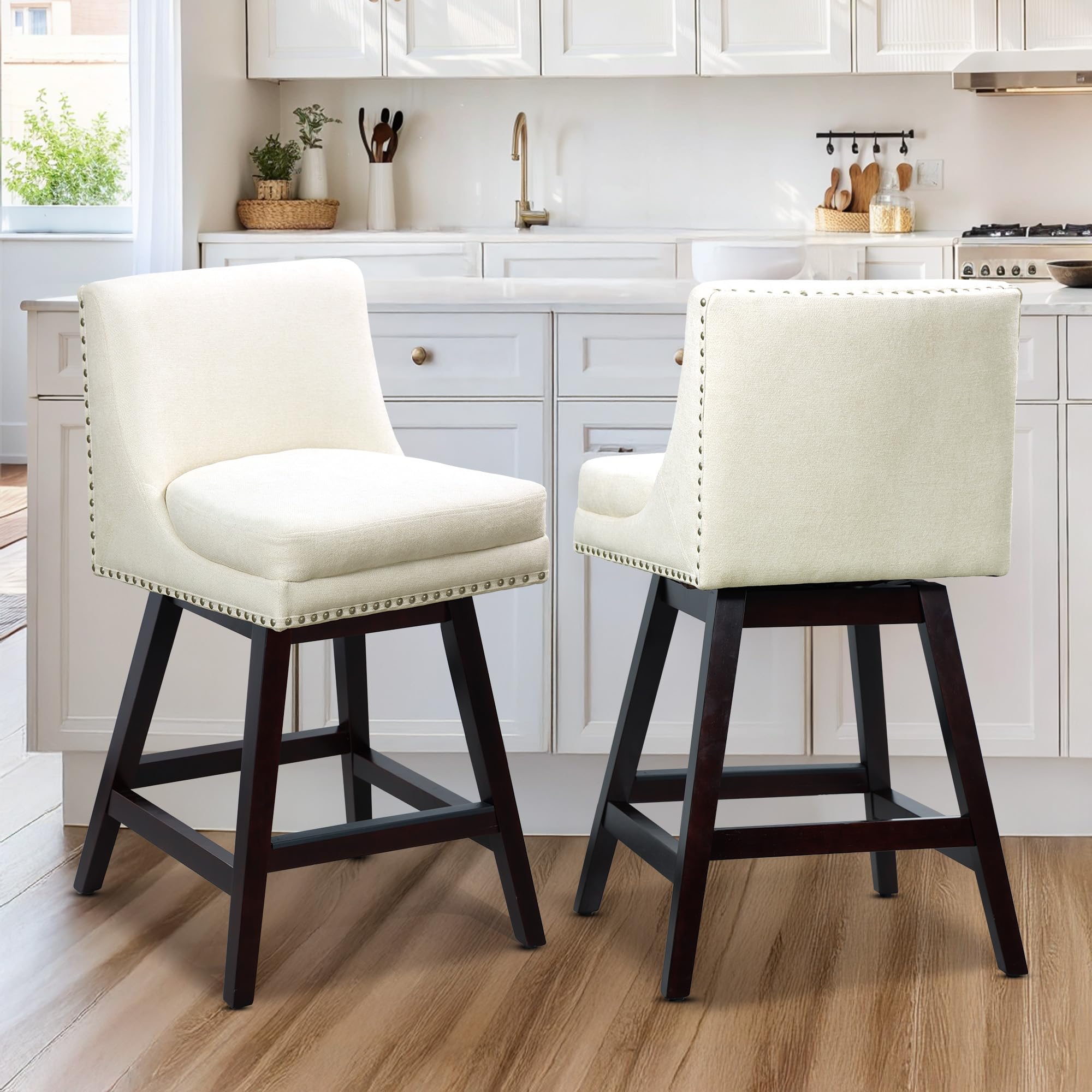 26 Inch Counter Height Bar Stools Set of 2 for Kitchen Island, Swivel Modern Bar Counter Stools with Back and Oak Wood Legs, Nailhead Trim, Upholstered Bar Height Stools for Pub, Bistro, Kitchen, Cafe