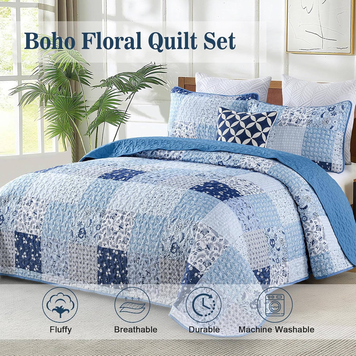 Menghomeus Blue Quilt Set Queen Boho Patchwork Bedspread Floral Coverlet Reversible Bed Quilt Set All Season Soft Microfiber Bedding Farmhouse Bed Sets, 96"x90" - Image 2