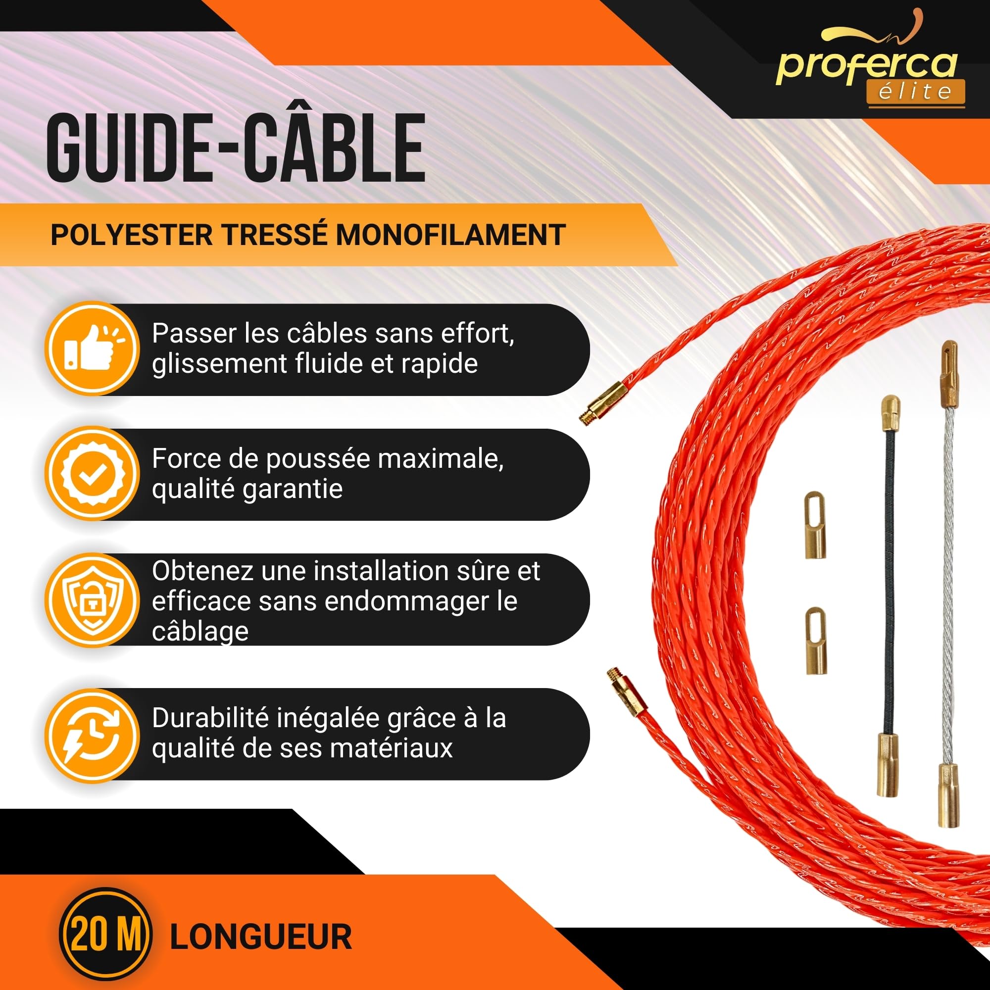 Aiguille Electricien 4.5mm 20 Mètres | Aiguille Tire Fil Électrique | Tire Câble Robuste pour Électriciens | Force de Poussée Maximale