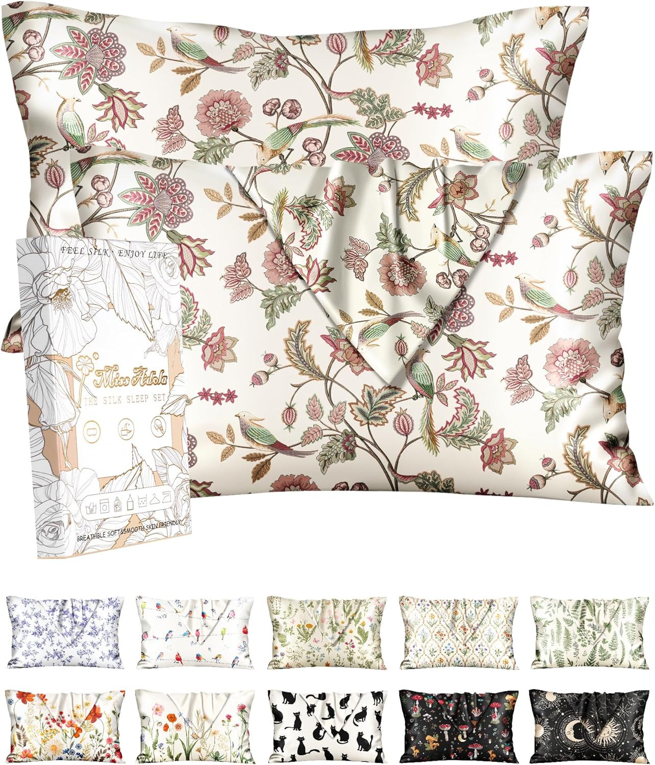 Miss Adola 2 Pack Silk Pillowcase - 20x36 Inch King Size Silk Pillow Case with Hidden Zipper for Women Lady Smooth Soft Breathable Cute Design Pillowcase for Hair and Skin, Flower Bird