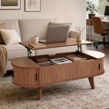Oval Lift Top Coffee Table with Storage, 47.2" Mid Century Modern Living Room Center Table with 180  Sliding Tambour Door, Wood Fluted Coffee Table for Home Office, Walnut