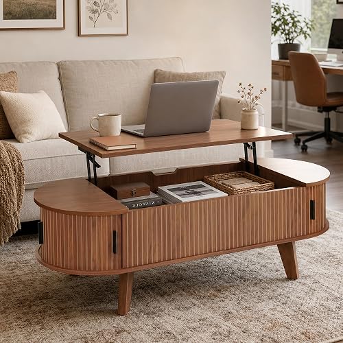 Oval Lift Top Coffee Table with Storage, 47.2" Mid Century Modern Living Room Center Table with 180° Sliding Tambour Door, Wood Fluted Coffee Table for Home Office, Walnut