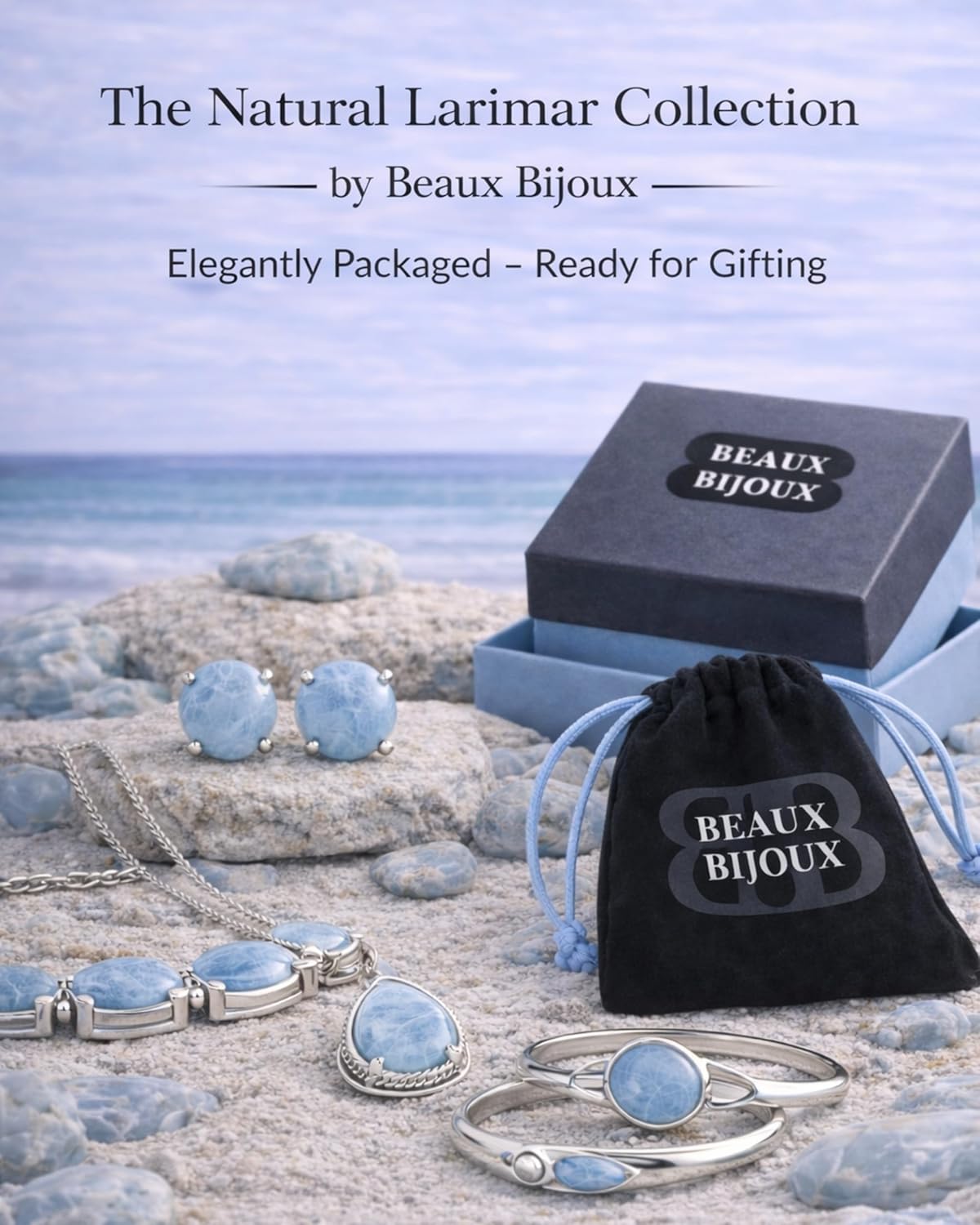 Beaux Bijoux Natural Larimar Stud Earrings for Women - Blue Larimar Gemstones Heart Earrings in Sterling Silver - Unique Jewelry Gift