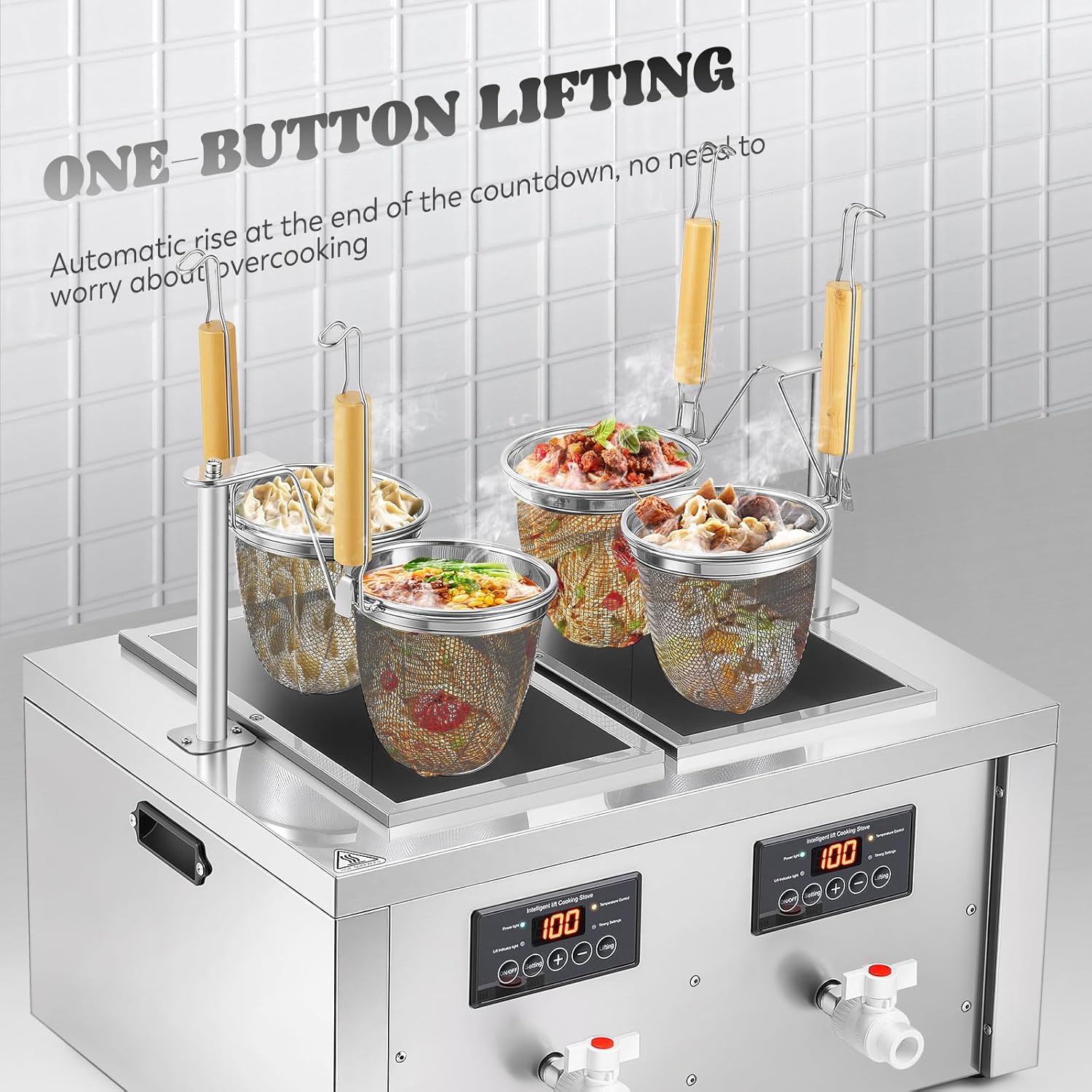 Moogiantgo 4 Baskets Auto-Lift Commercial Pasta Cooker Noodle Cooking Machine, 4000W Noodle Dumpling Maker Spaghetti Pasta Boiler 30-100℃ Adjustable For Spaghetti Ramen Ravioli Vegetable 110V