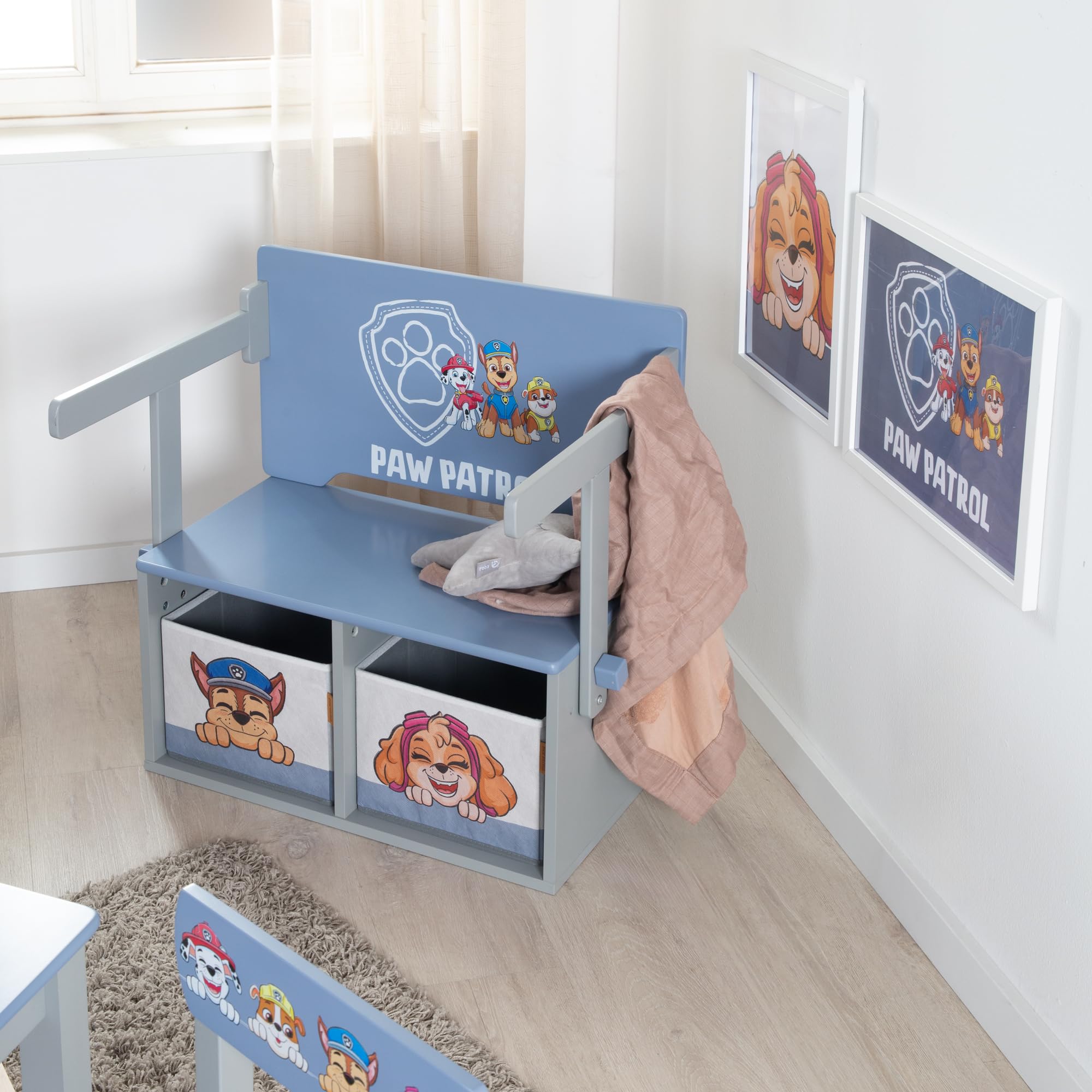 Paw Patrol Klappbare Sitzbank mit 2 Aufbewahrungsboxen, umbaubar zum Kindertisch, Holz grau/blau ab 18 Monaten