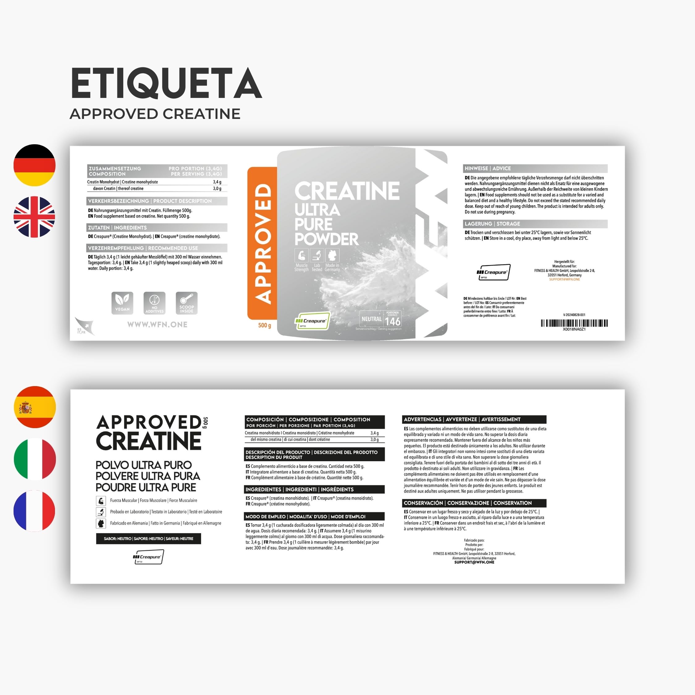 WFN Approved Creatine - Creatina Creapure - Neutro - 500 g - Creatina monohidratada - Polvo - Vegano – 146 Porciones - Fabricado en Alemania - Probado en laboratorio externo