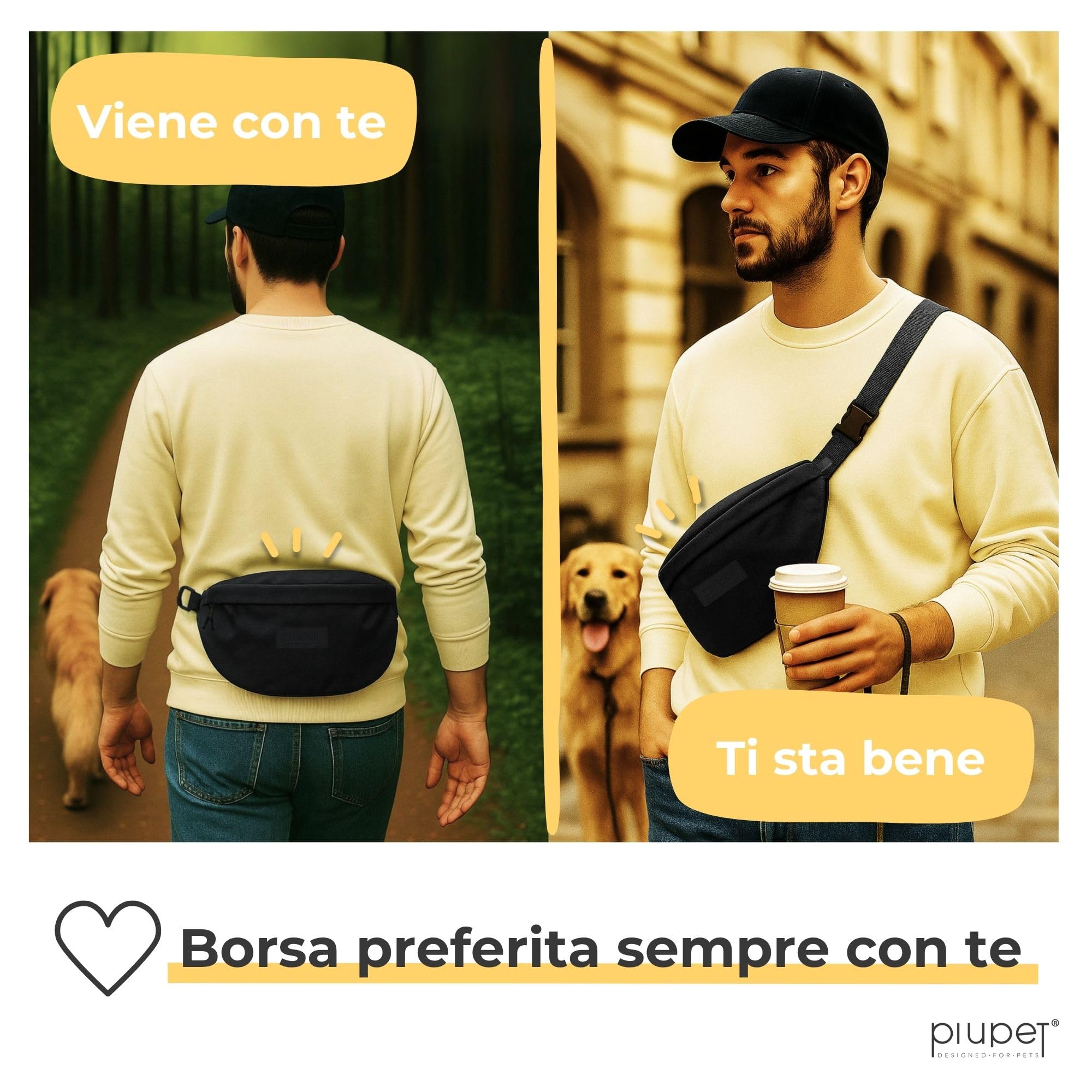 PiuPet® Borsa per Cani I Borsa per Cani Elegante e Impermeabile con 3 Scomparti con Cerniera I Marsupio 2 in 1 per l'addestramento del Cane e Borsa a Tracolla I con Tasca Interna Rimovibile (Nero)