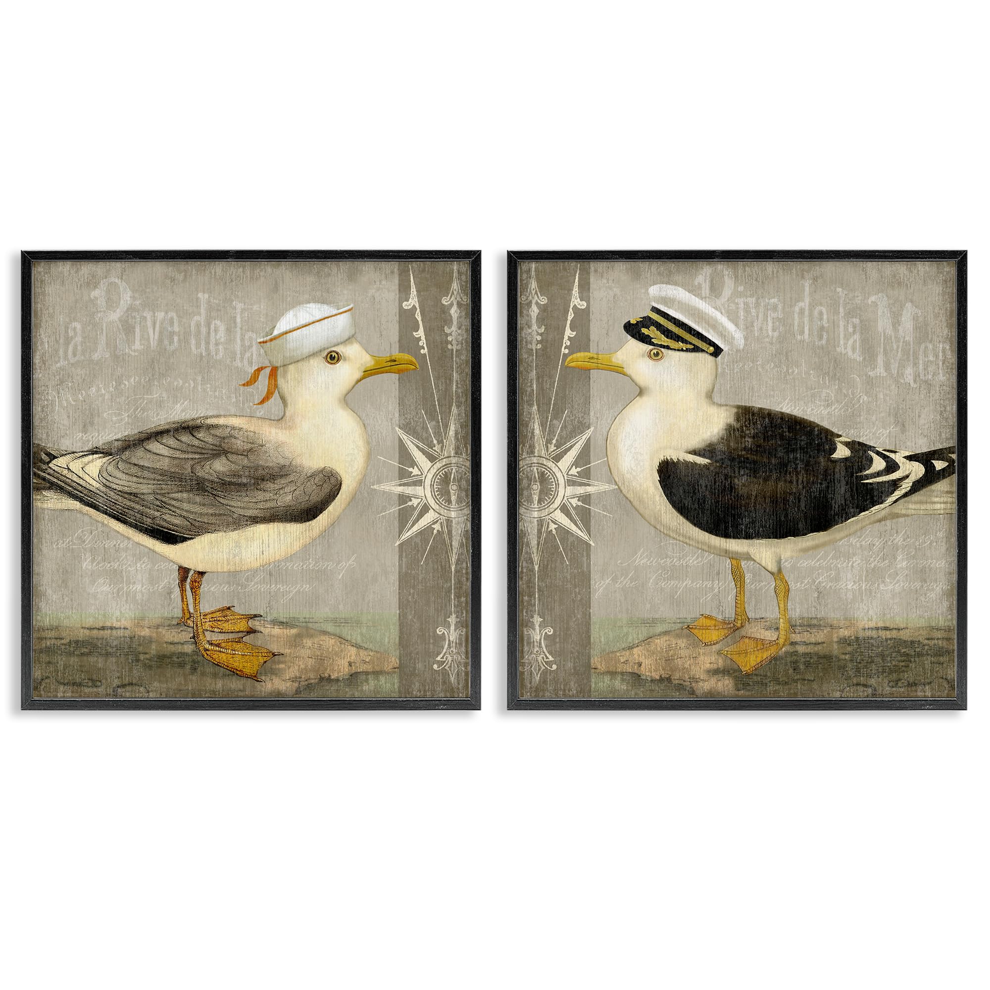 Stupell Industries 'Little Seagulls with Hats', 2pc Framed Giclee Art Set 2, Black, 17 x 17 Inches, Easy to Hang and Sturdy, Made in USA, by Suzanne Nicoll