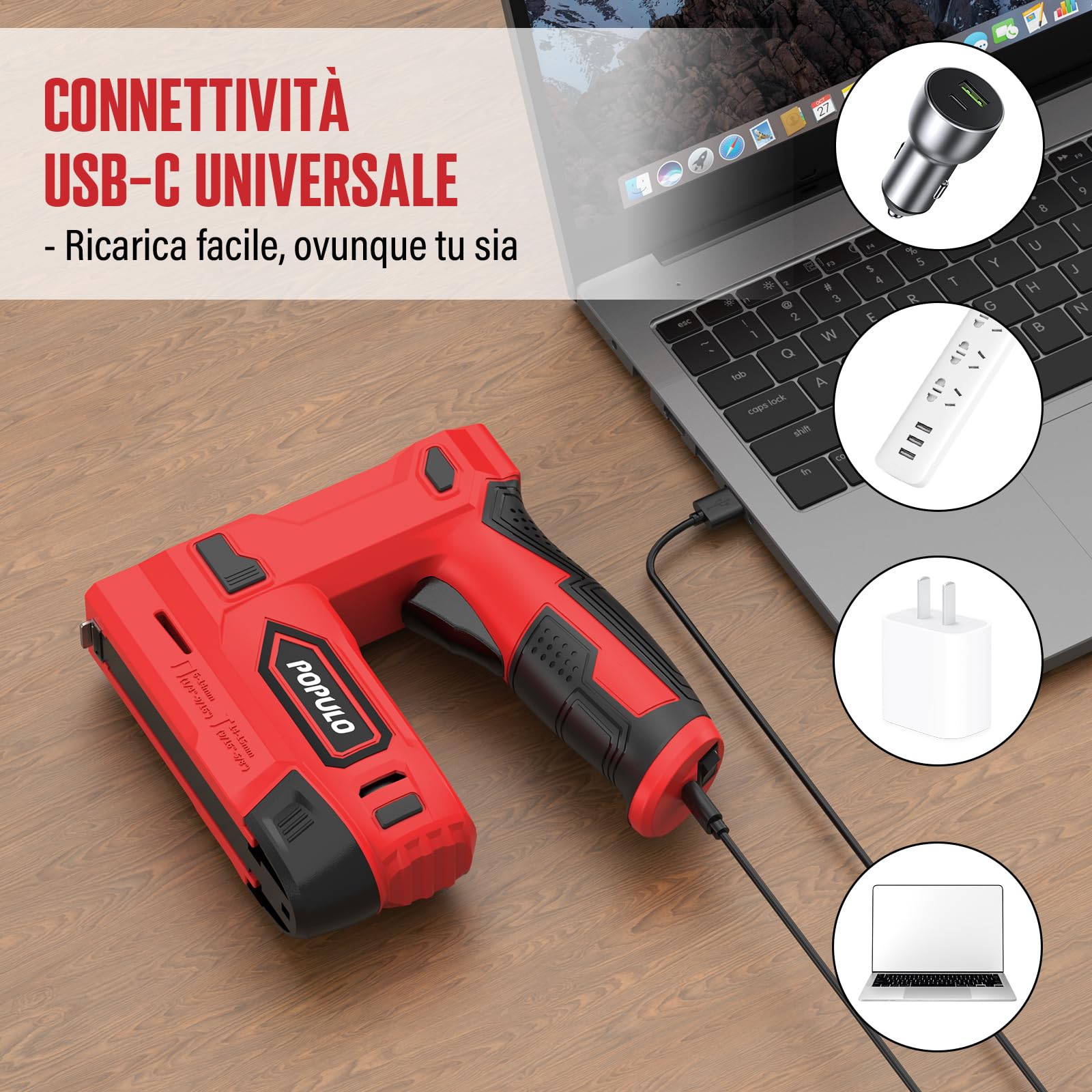 POPULO Graffettatrice Elettrica 2-in-1 Wireless 4V a Ioni di Litio con USB-C, Include Graffe e Chiodini per Tappezzeria, Riparazione Mobili, Moquette e Fai-da-Te Casa, Rosso