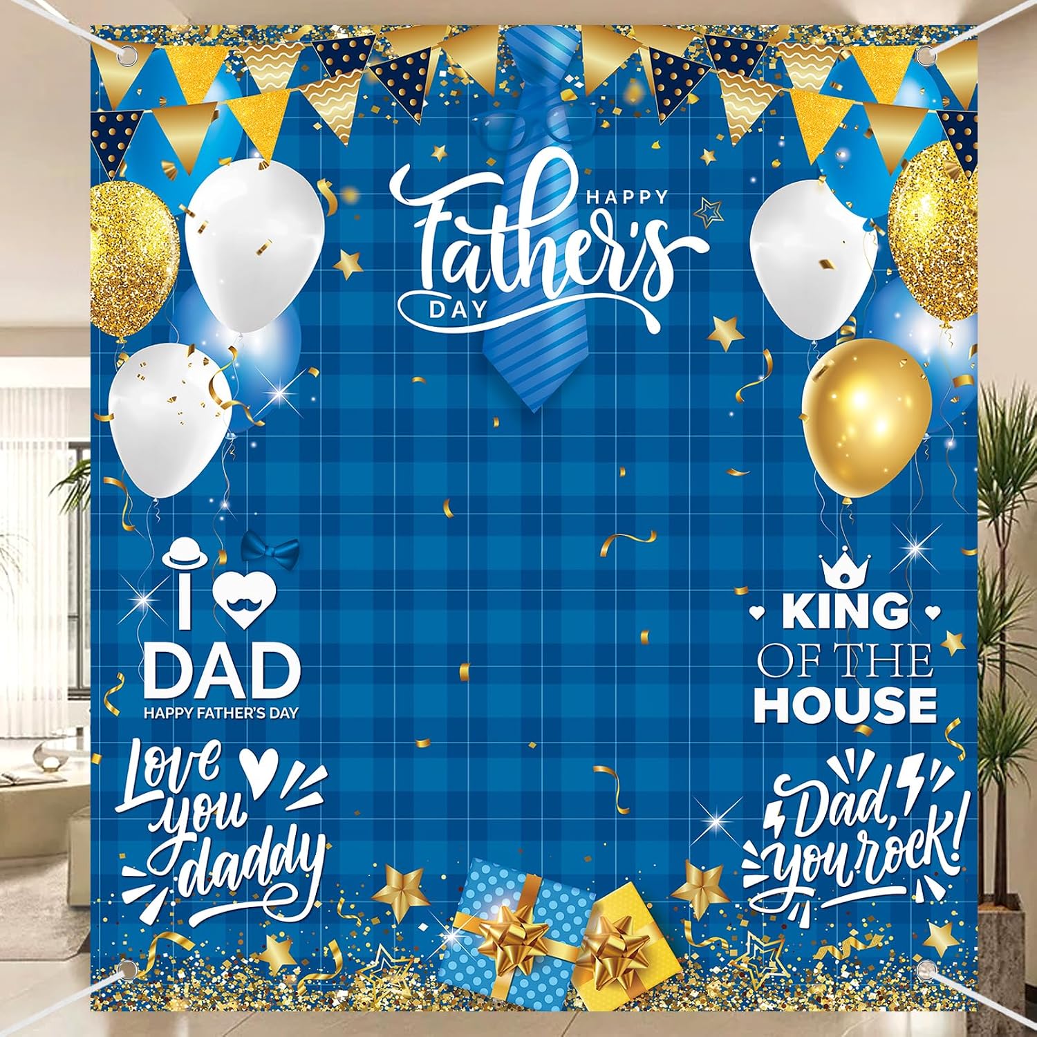 Happy Fathers Day Banner Decorations 71x78in Extra Large Size Father's Day Photo Booth Backdrop Banners Party Supplies Background for Photograph Indoor Outdoor Family Wall Door(blue-grid)
