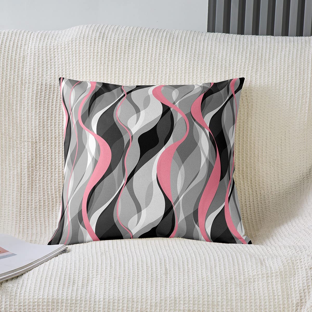 Loussiesd Pink Grey Black Stripes Reversible Throw Pillow Covers Kids Geometric Pillow Covers Home Decor for Square Cushion Covers Set of 2 Modern Striped Art Abstract Art 18x18 Inch - Image 2