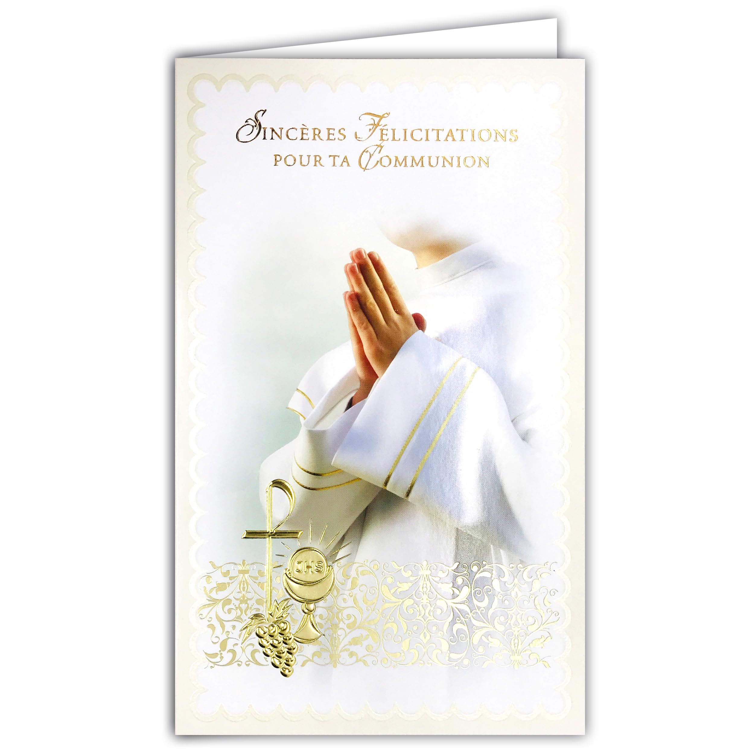 19-646 Money Holder Card with Envelope Sincere Congratulations Communion Boy Girl in Dawn White Clothing Hands Joints in Christian Prayer Catholic Our Father Hail Mary