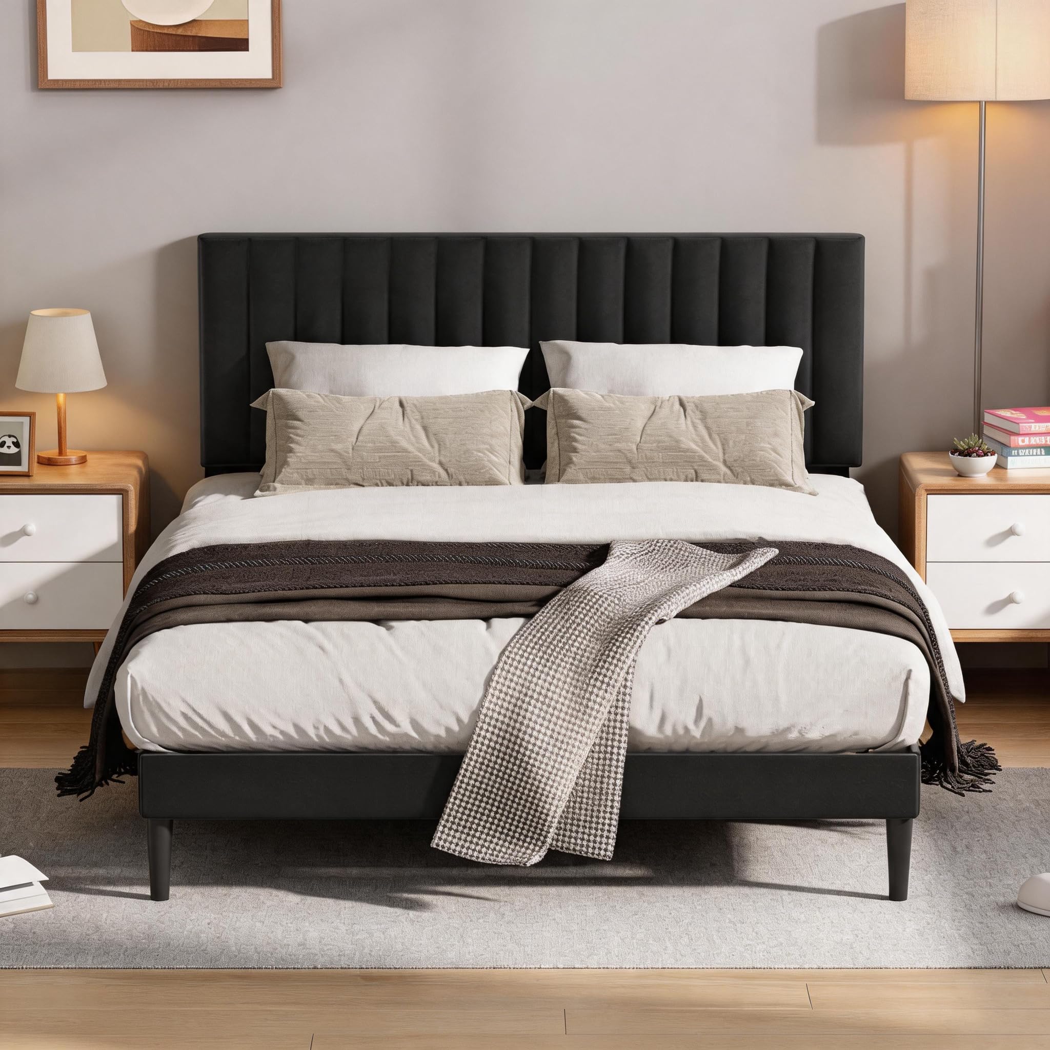 KUTAS 5FT King Size Bed Frame 150 x 200 cm, Upholstered Bed Frame with Adjustable Headboard (3 Heights), Heavy Duty Metal Frame, Easy Assembly, Noise Free, Underbed Storage, 500kg,No Box Spring, Black