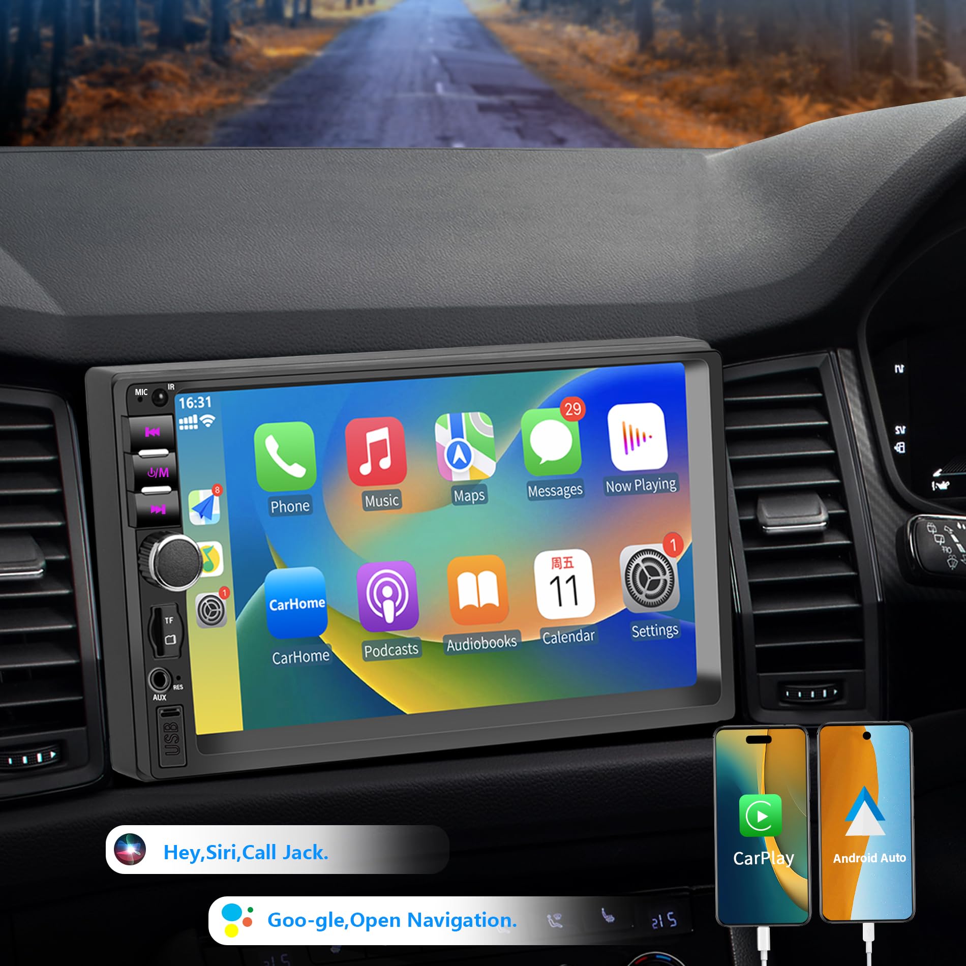 Radio de Coche Bluetooth 2 DIN con Carplay y Android Auto, 7 Pulgadas con Pantalla táctil 1080P Car Stereo soporta Manos Libres/FM/Mirror Link/Wheel Control/USB Port/AUX/EQ/TF/WMA (sin cámara trasera)