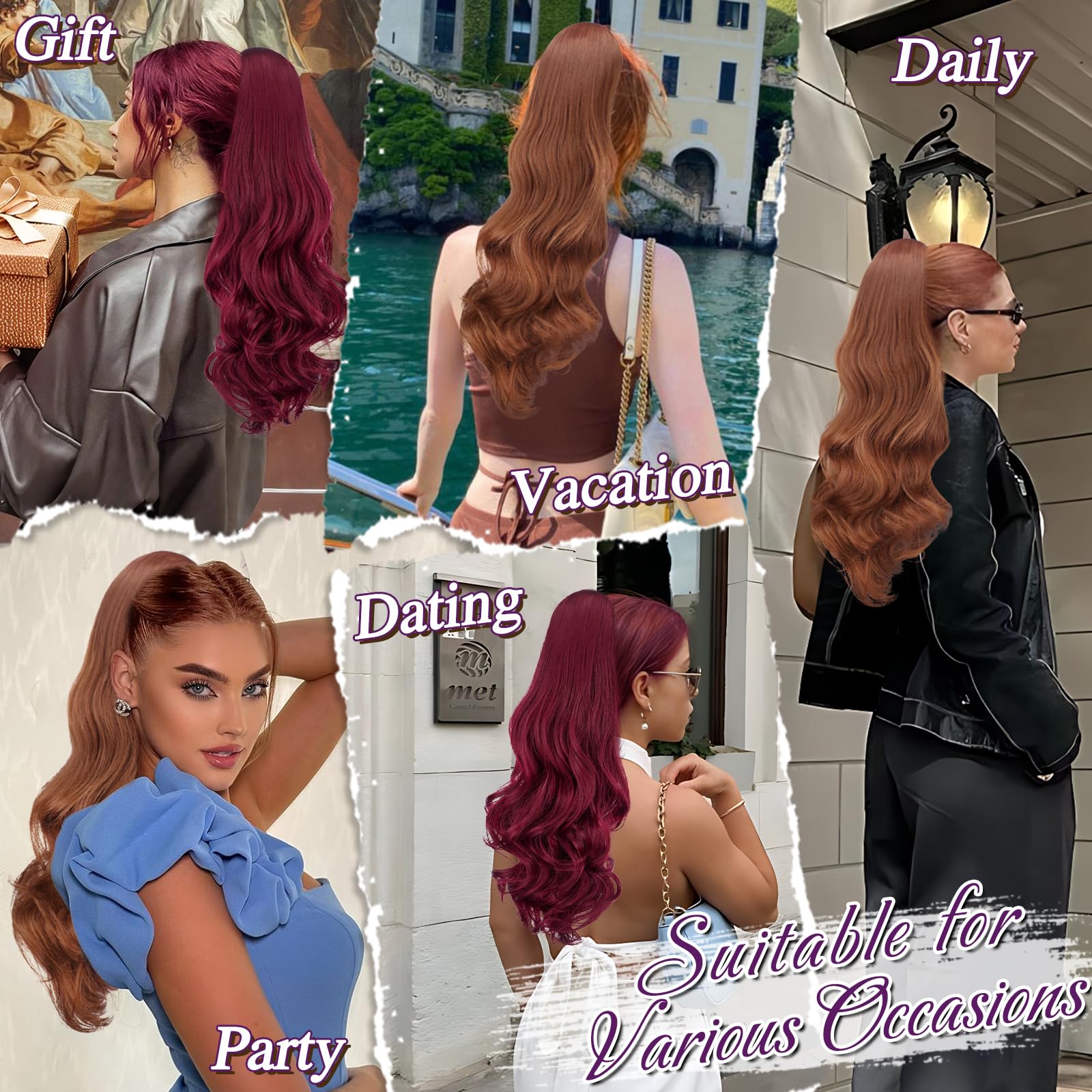 BARSDAR Bourgogne Rouge Ondulés Queue de Cheval Extension avec Cordon, 50cm Synthétique Peigne Clip in Queue de Cheval Extension Cheveux pour Femmes Aspect Naturel Bouclés Épais Postiche Ponytail