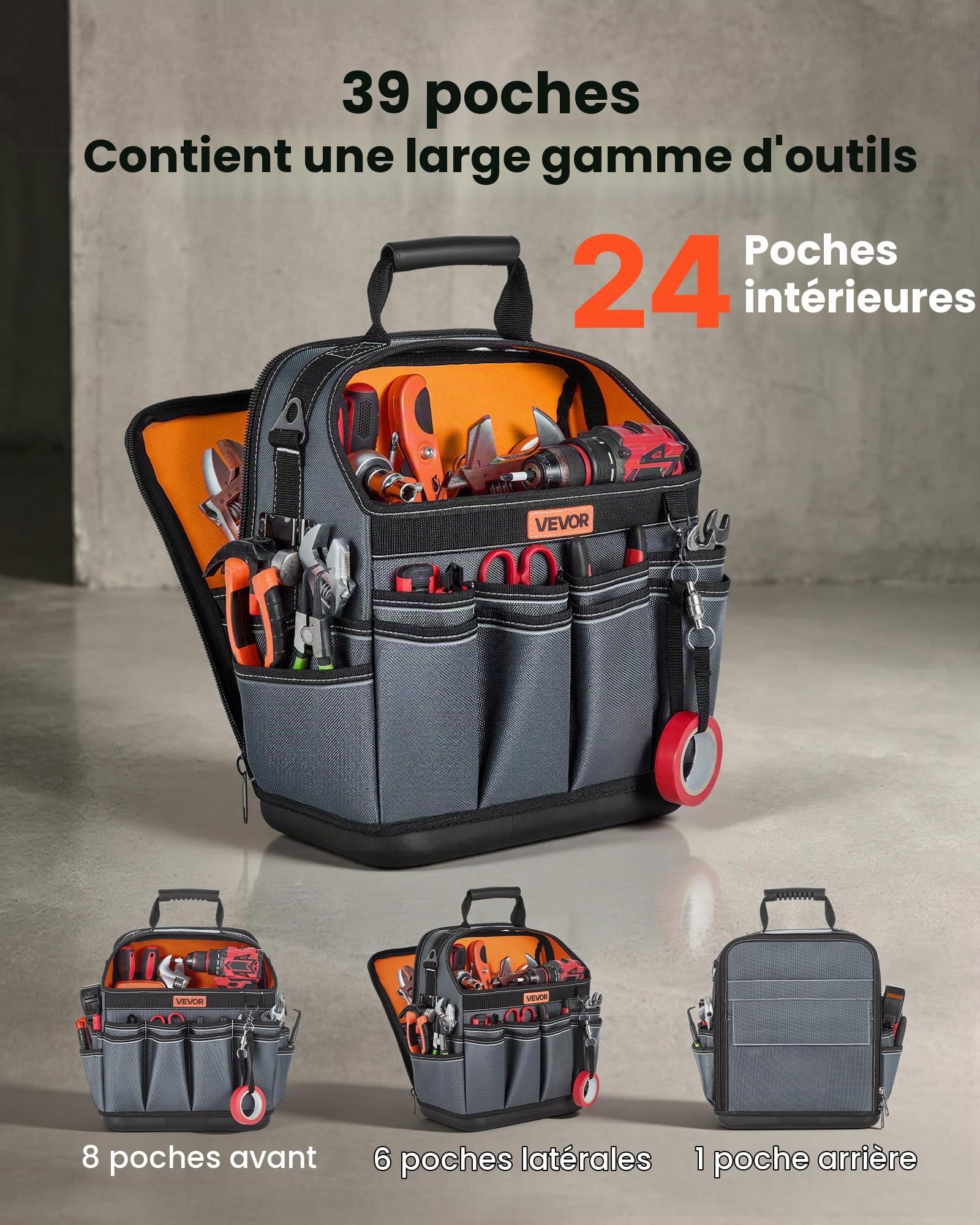 VEVOR Sac à Outils Ouvert 335 mm, Sac de Rangement d'Outils à 39 Poches, pour Électricien, Bricolage, Maintenance et Chantier, Organiseur Portable avec Base Rigide en Plastique, Bandoulière Réglable
