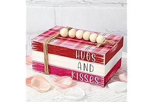 Valentine's Day Farmhouse Decor: Rustic Stacked Books and Plaid Block Sign