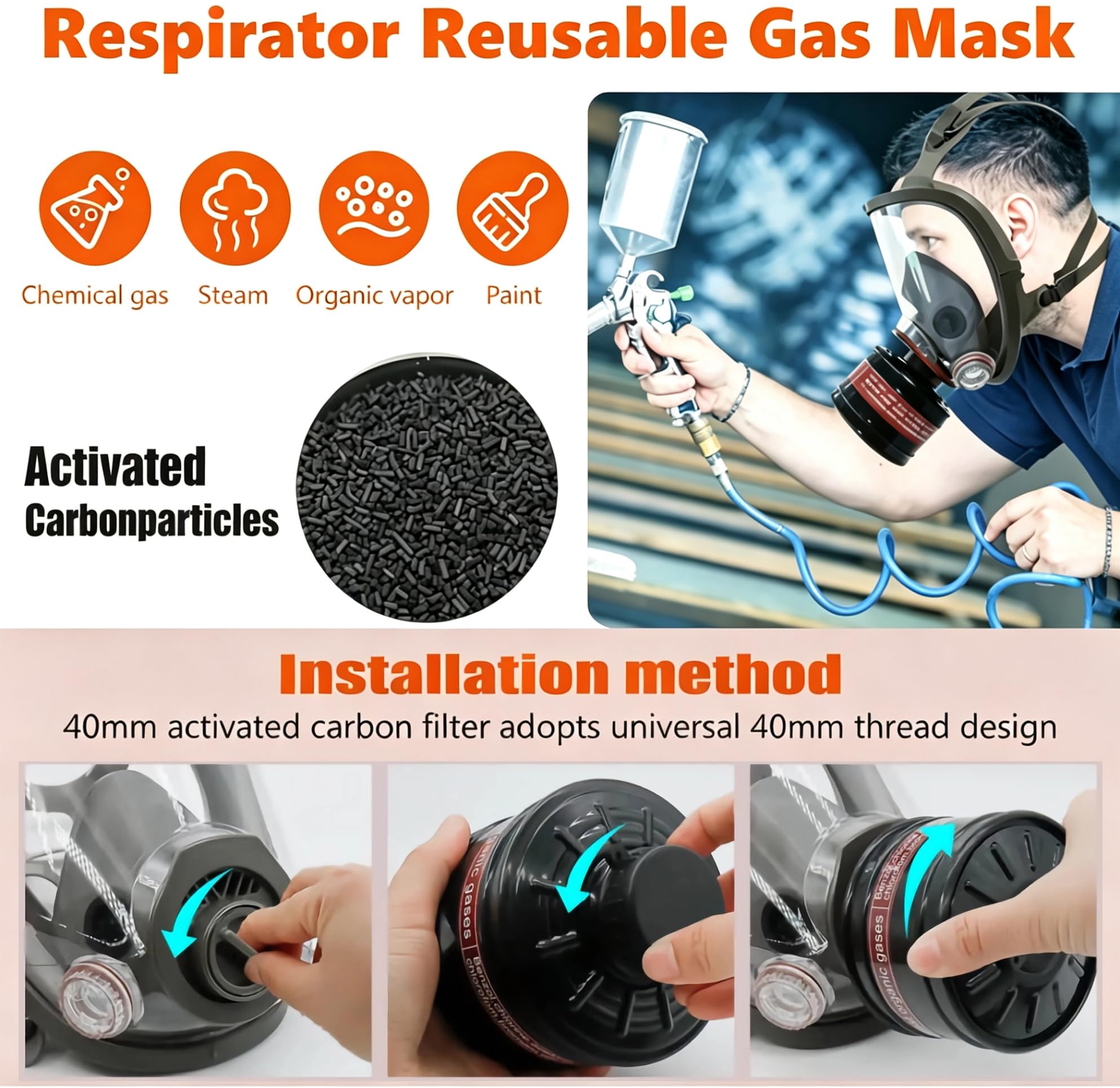 Masque respiratoire intégral avec filtre à charbon actif de 40 mm, filtres 6001CN, pour gaz, poussière, peinture aérosol et produits chimiques (masque + 40 mm + 6001 + 10 filtres)