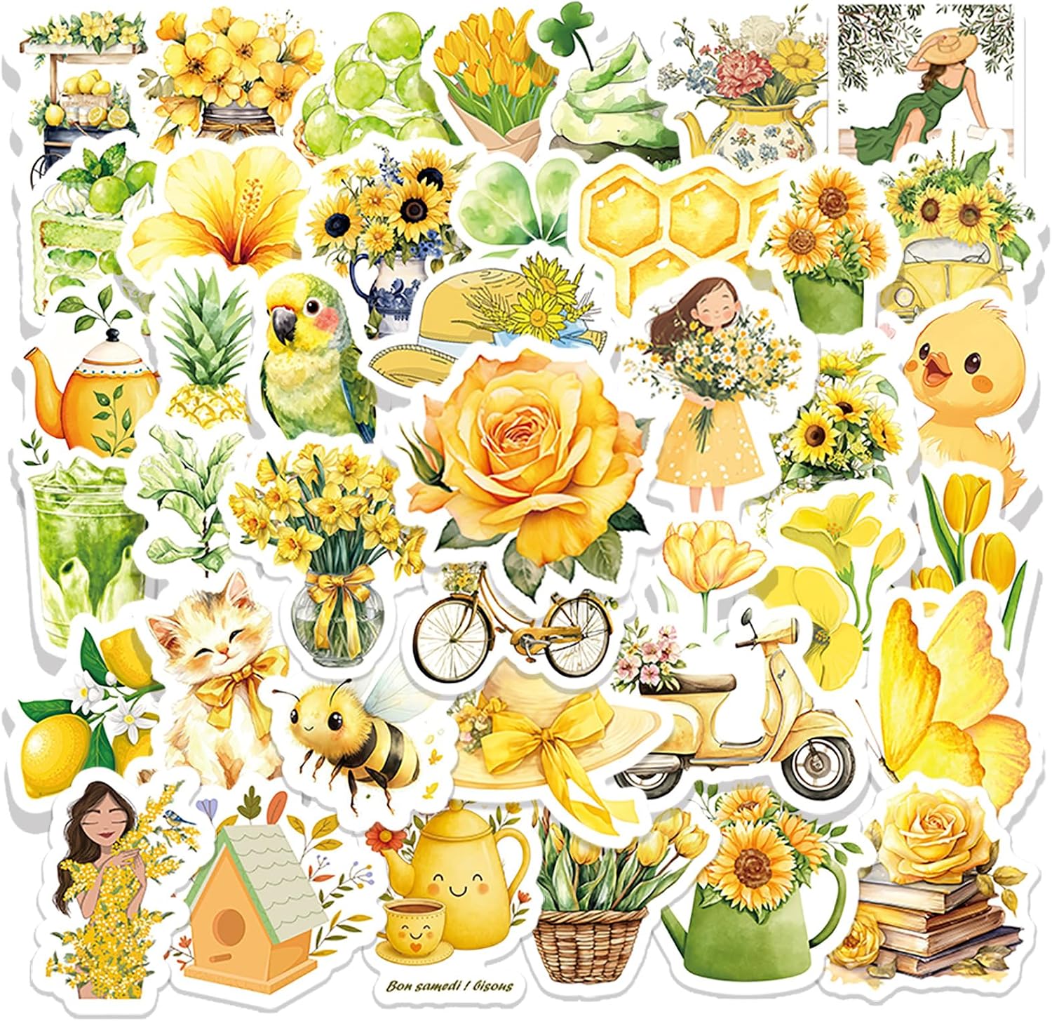 50Pcs Yellow Flower Watercolor Stickers, Waterproof Vinyl Decals for Water Bottle Laptop Phone Case Scrapbook, Cute Floral Spring Stickers for Teens Adults Kids DIY Decor Party Favors Gifts