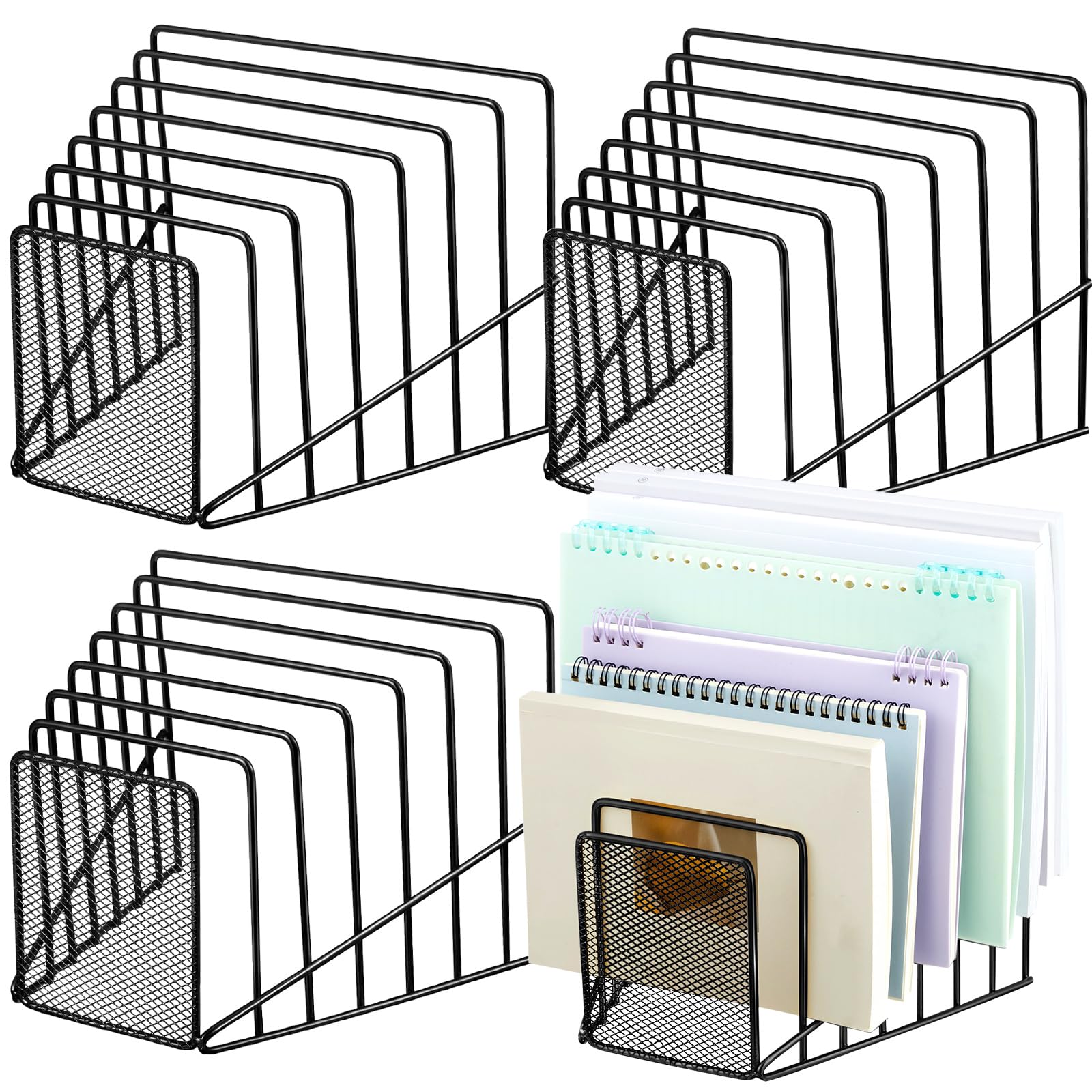 4 Pcs 2 Pcs Wire File Sorter Desk 7 Section Organizer, Black