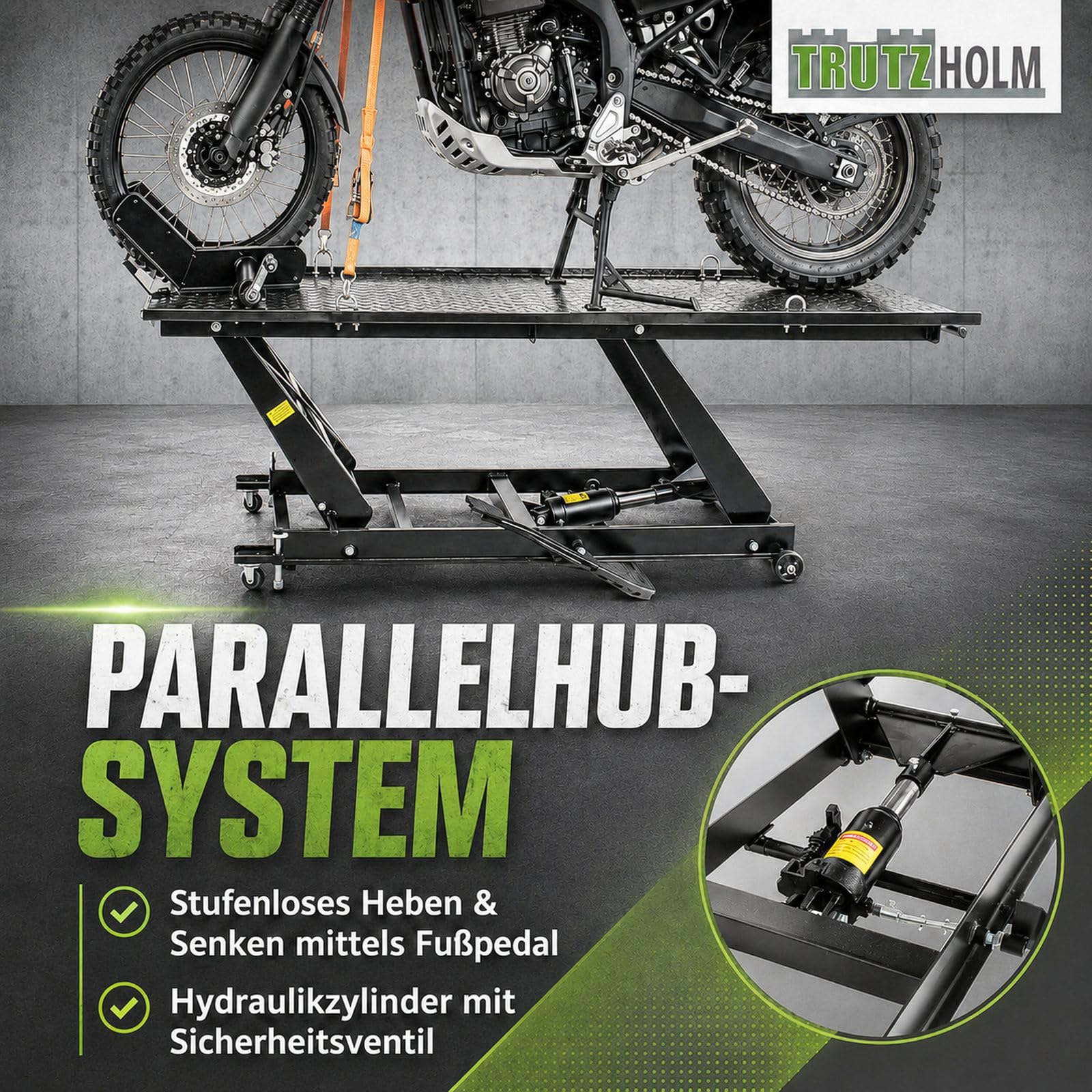 TRUTZHOLM Motorradhebebühne hydraulisch Tragkraft 450 kg Motorradheber Nutzbreite 55 cm Hubbereich 18-84 cm abnehmbare Auffahrrampe 4 Halteösen 45° Vorderradklemmung Parallelheber Hebebühne (Schwarz)