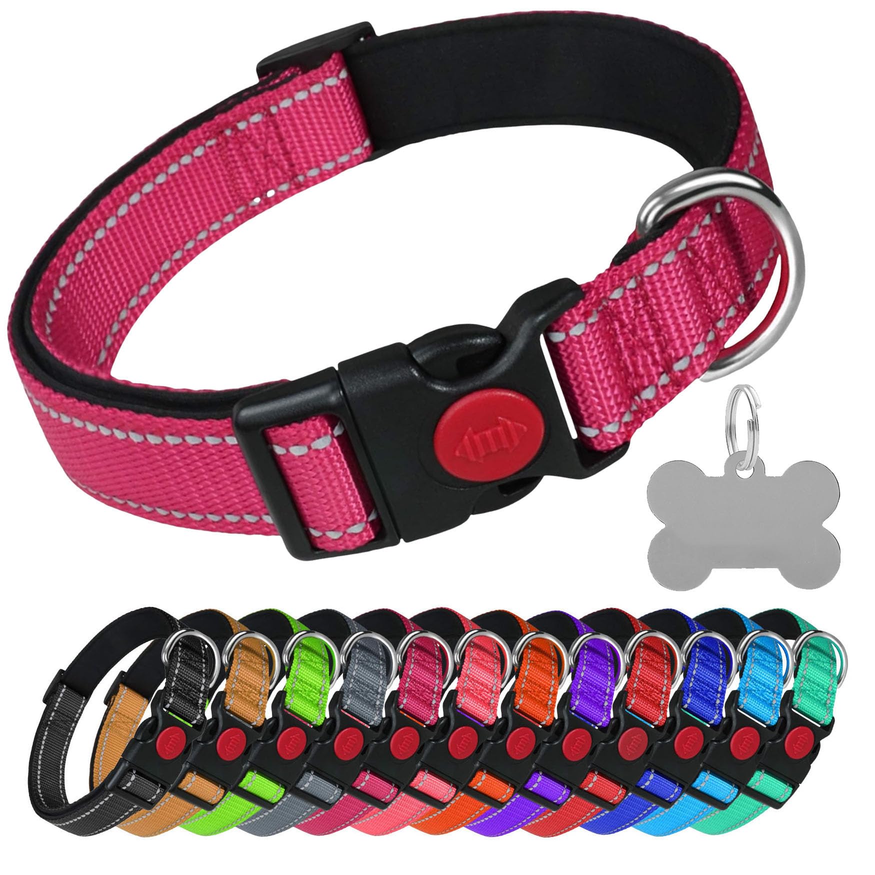 LARRYROO Reflective Dog Soft Padded Nylon Collar | Slide Lock Safety Buckle | Fully Adjustable With Personalised Engraved Silver Bone Shaped Tag (Hot Pink, Extra Large (45cm - 70cm Neck))