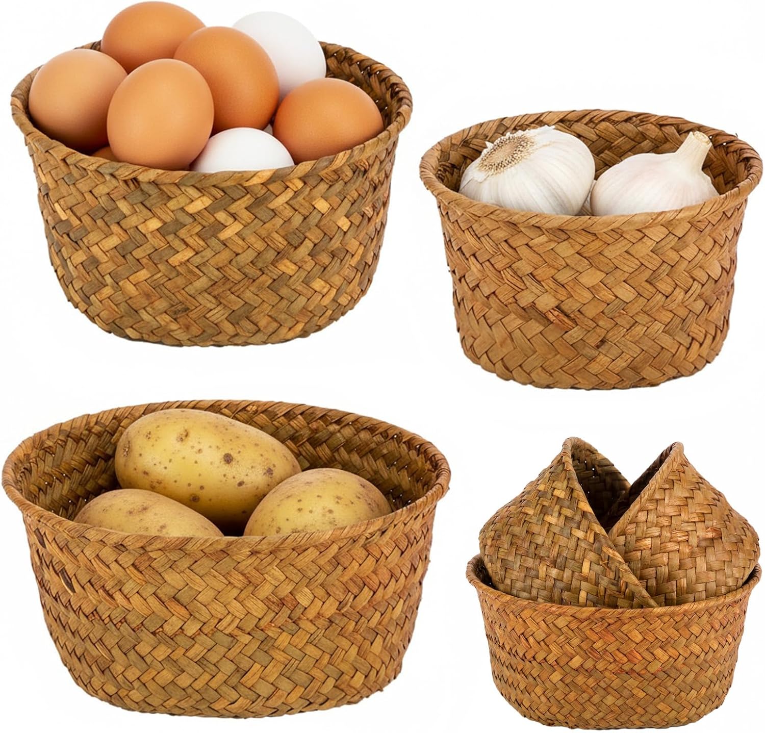 6 Set Small Seagrass Woven Storage Baskets, Natural Woven Round Basket Bin for Farmhouse Kitchen Countertop Pantry Shelf Organization, Stackable Mini Fruit Vegetable Holder