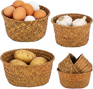 3 Set Small Seagrass Woven Storage Baskets, Natural Woven Round Basket Bin for Farmhouse Kitchen Countertop Pantry Shelf Organization, Stackable Mini Fruit Vegetable Holder